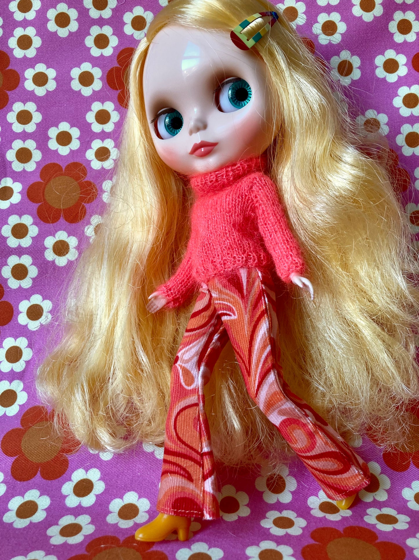 Retro print Corduroy Flared Trousers & Mohair Sweater Set for Blythe Doll