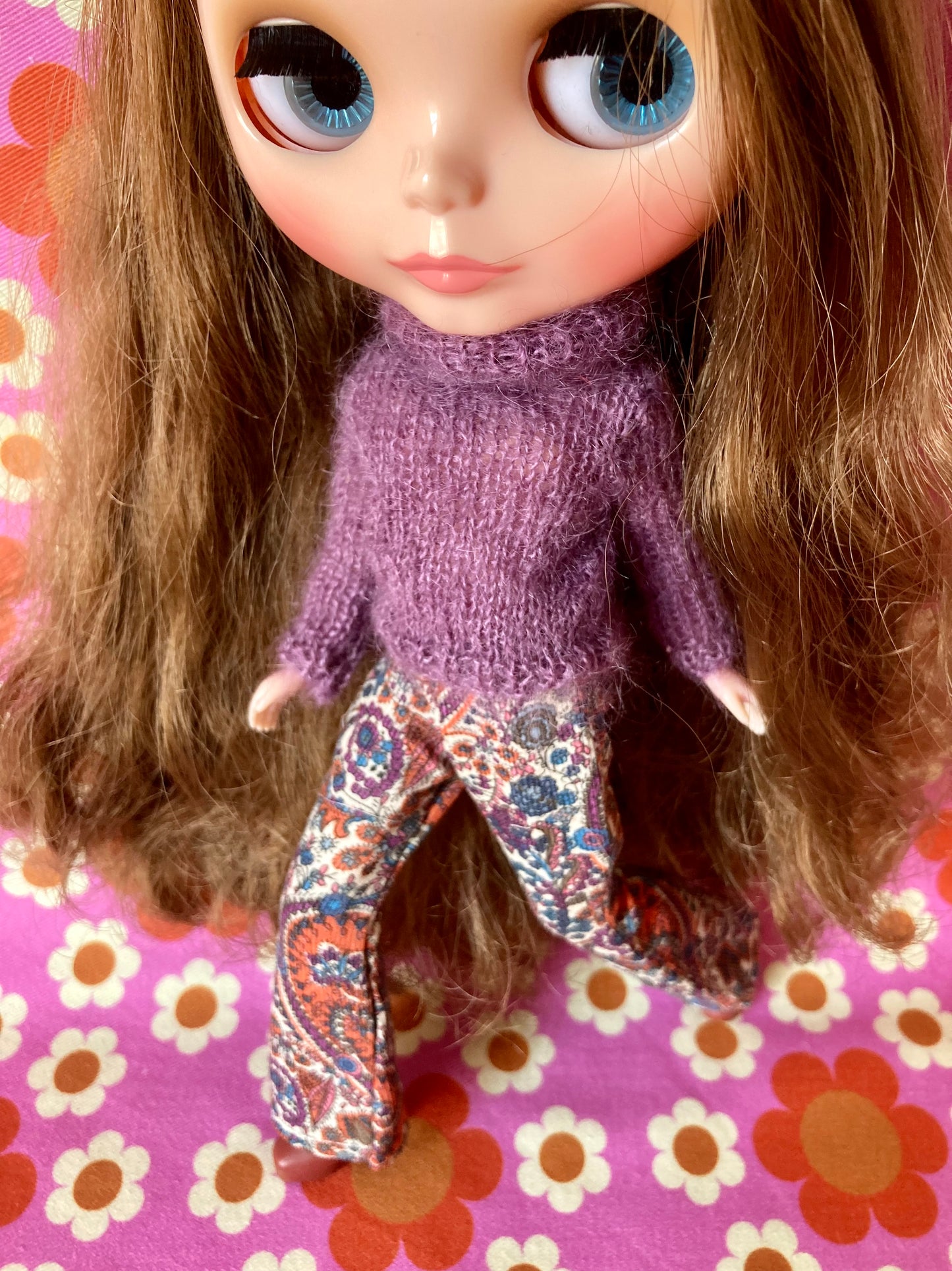 Liberty Corduroy Flared Trousers & Mohair Sweater Set for Blythe Doll