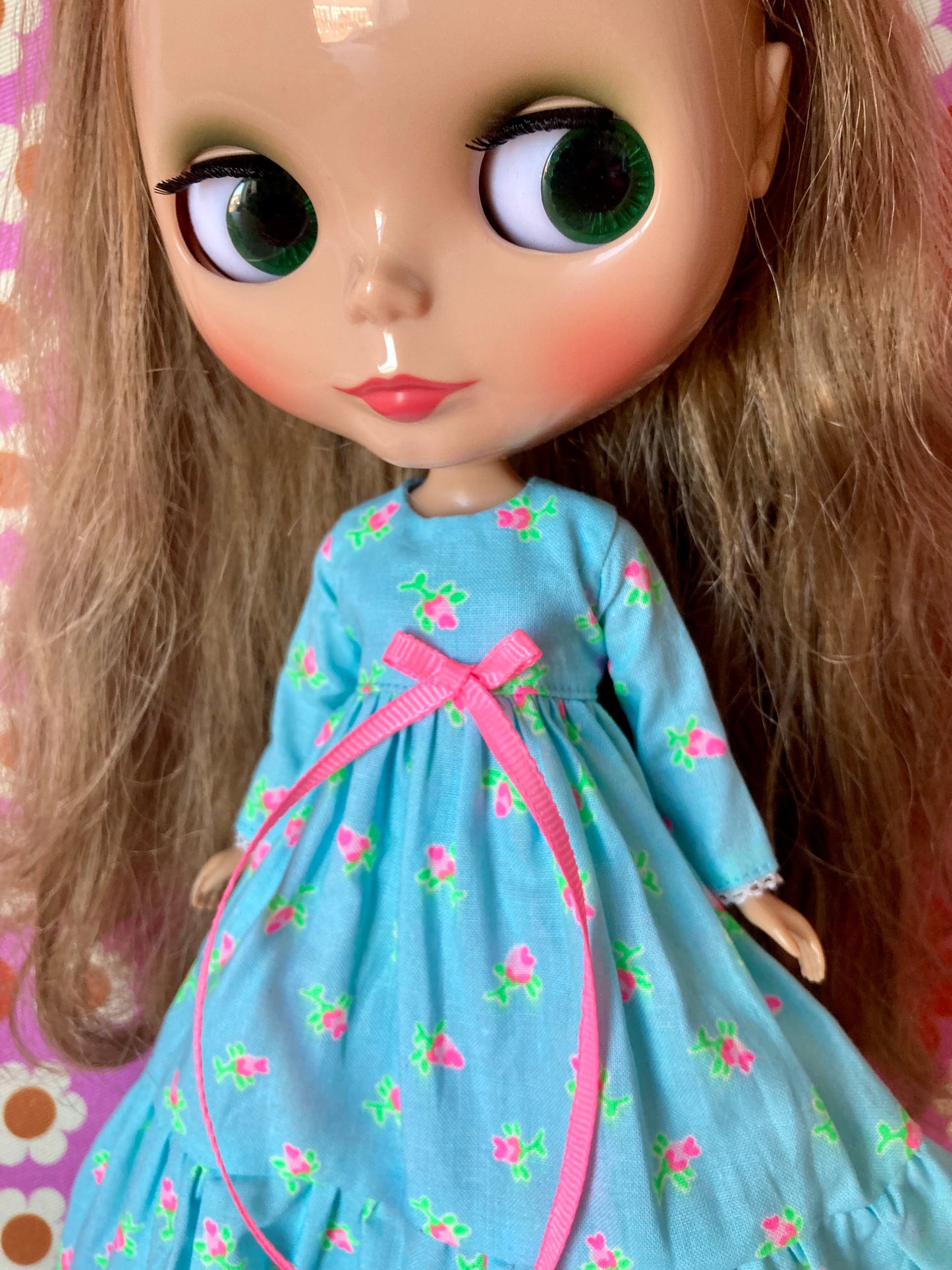 Blue Long Neon Rosebud Print Dress for Blythe Doll