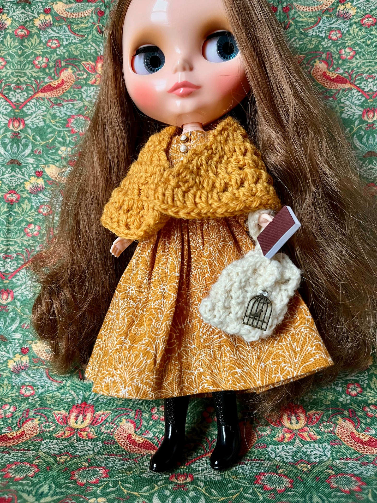 Brontë Sisters Inspired Dress with Shawl, bag & miniature book for Blythe Doll