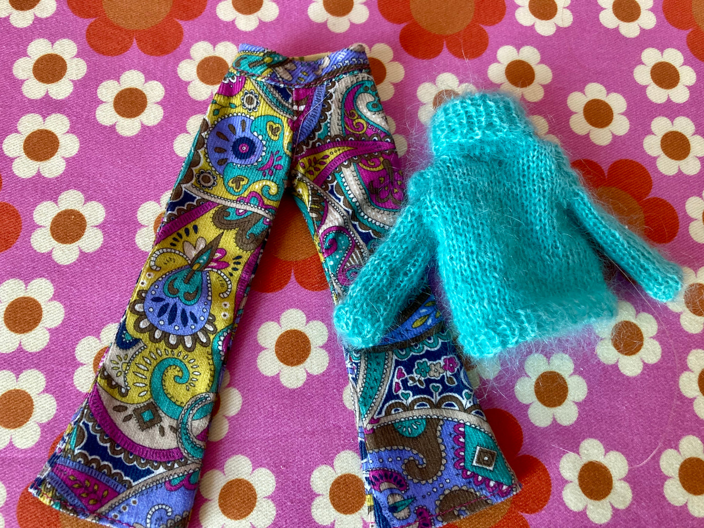 Liberty Corduroy Flared Trousers & Mohair Sweater Set for Blythe Doll