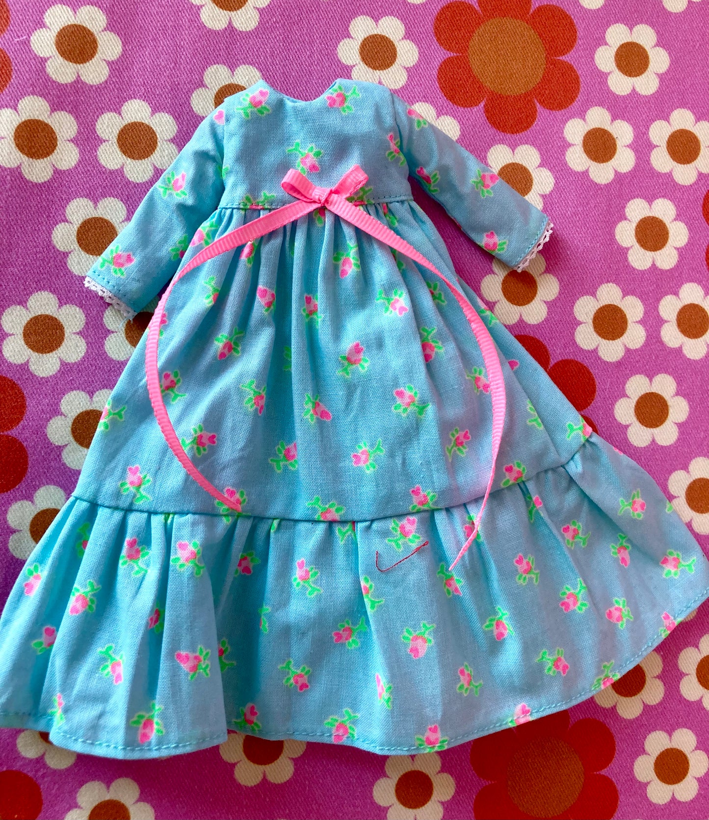 Blue Long Neon Rosebud Print Dress for Blythe Doll