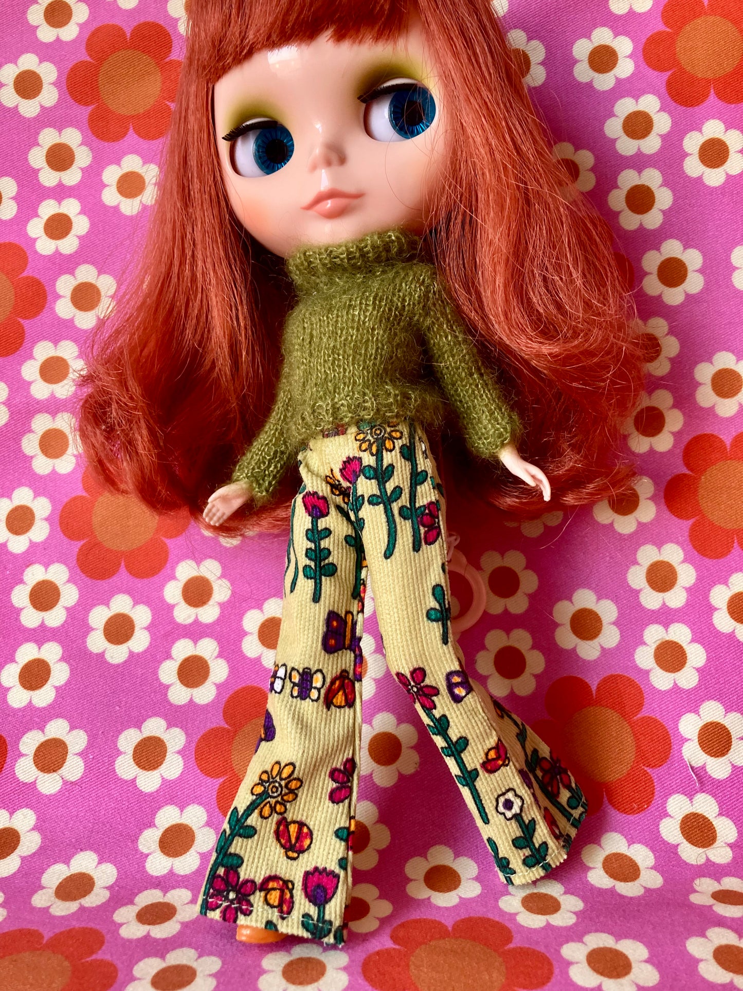 Retro print Corduroy Flared Trousers & Mohair Sweater Set for Blythe Doll