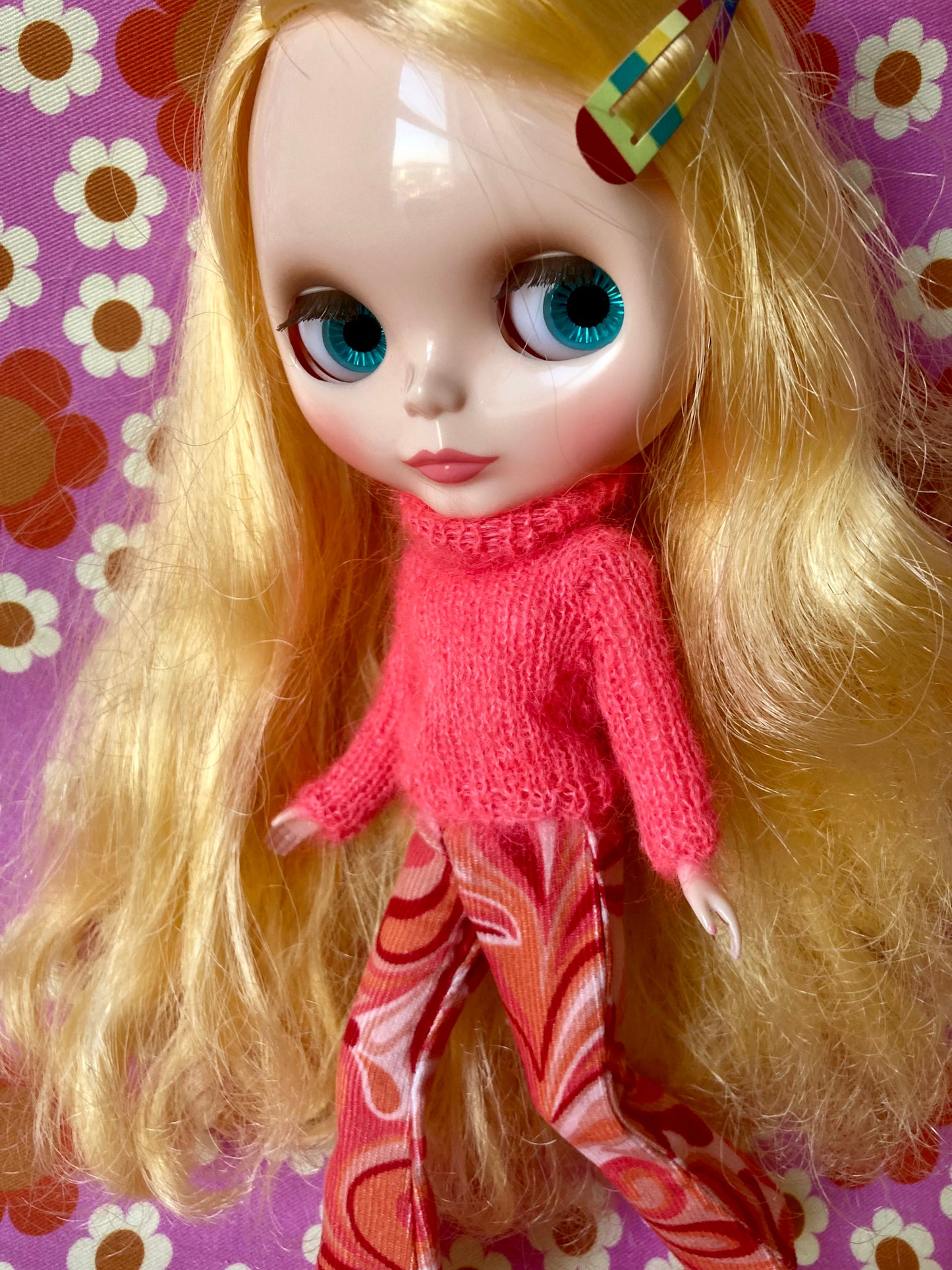 Retro print Corduroy Flared Trousers & Mohair Sweater Set for Blythe Doll
