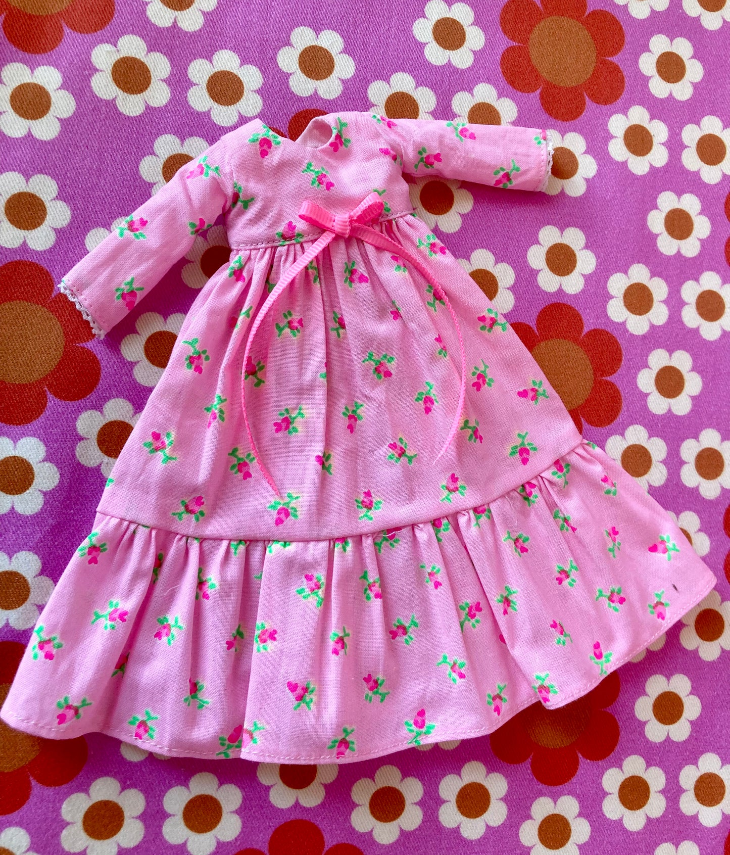 Pink Long Neon Rosebud Print Dress for Blythe Doll