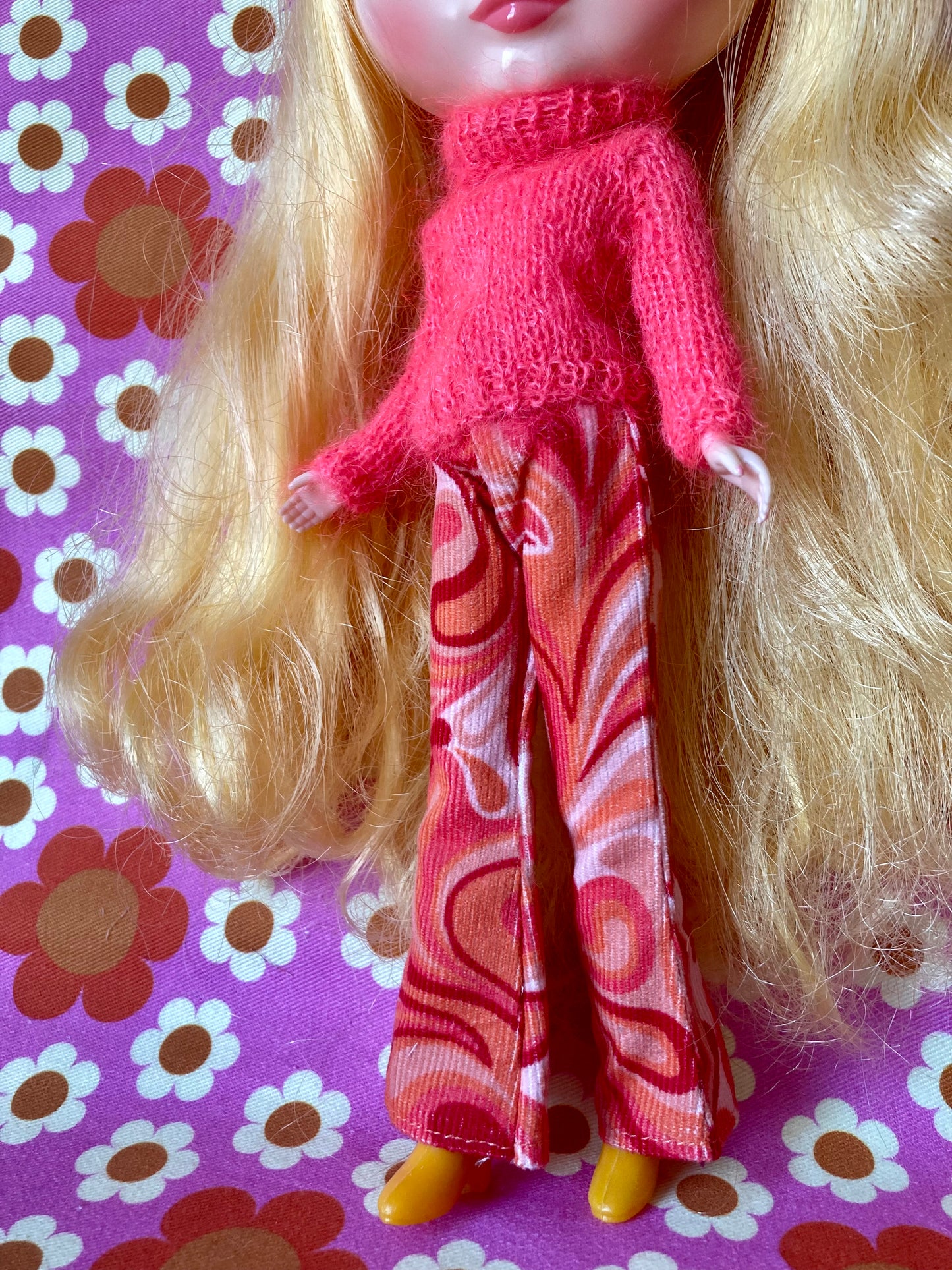 Retro print Corduroy Flared Trousers & Mohair Sweater Set for Blythe Doll