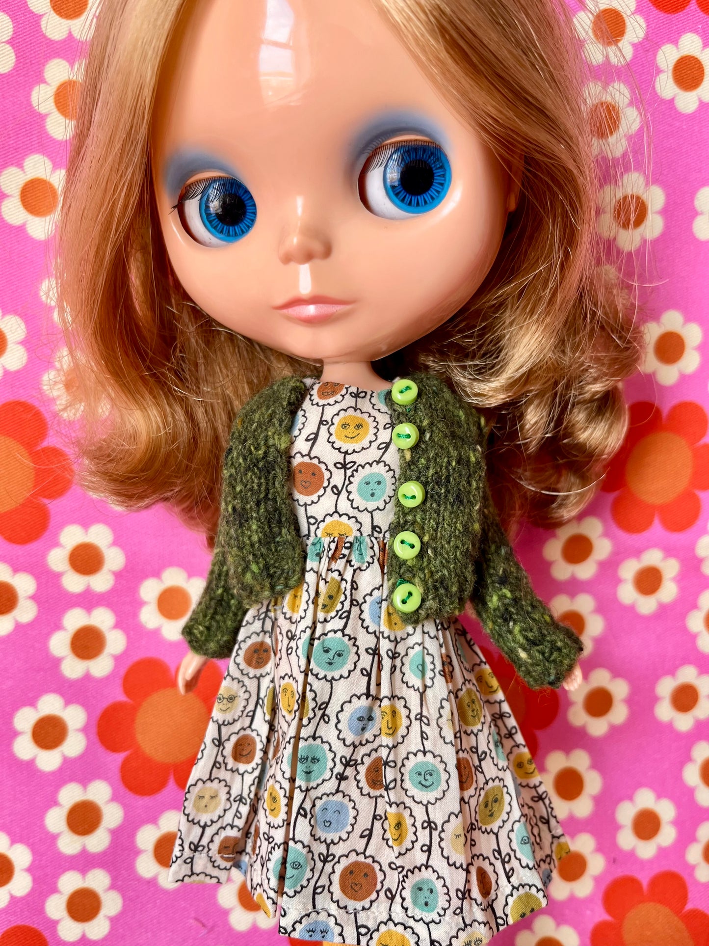 Green Liberty Cap Sleeve Dress & Knitted Cardigan for Blythe Doll