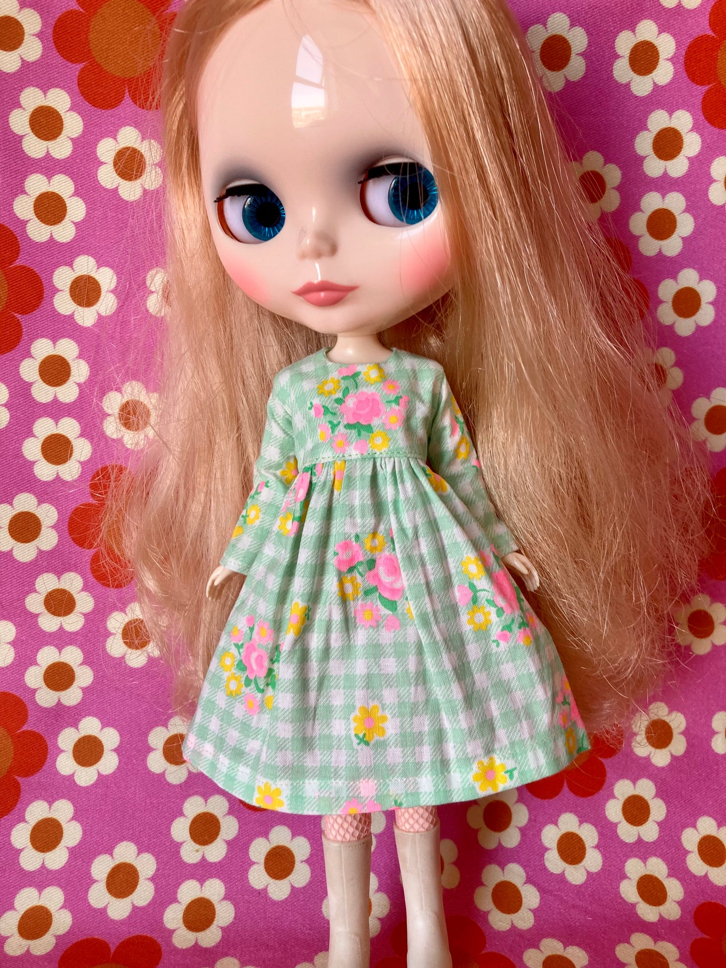 Green Gingham Long Sleeve Dress for Blythe Doll