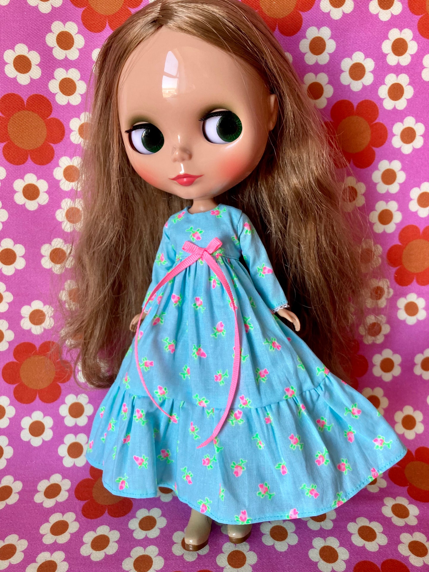 Blue Long Neon Rosebud Print Dress for Blythe Doll