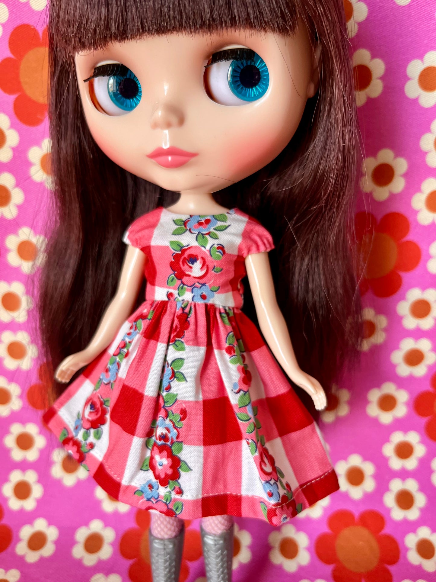 Gingham Floral Stripe Valentine Cap Sleeve Dress for Blythe Doll