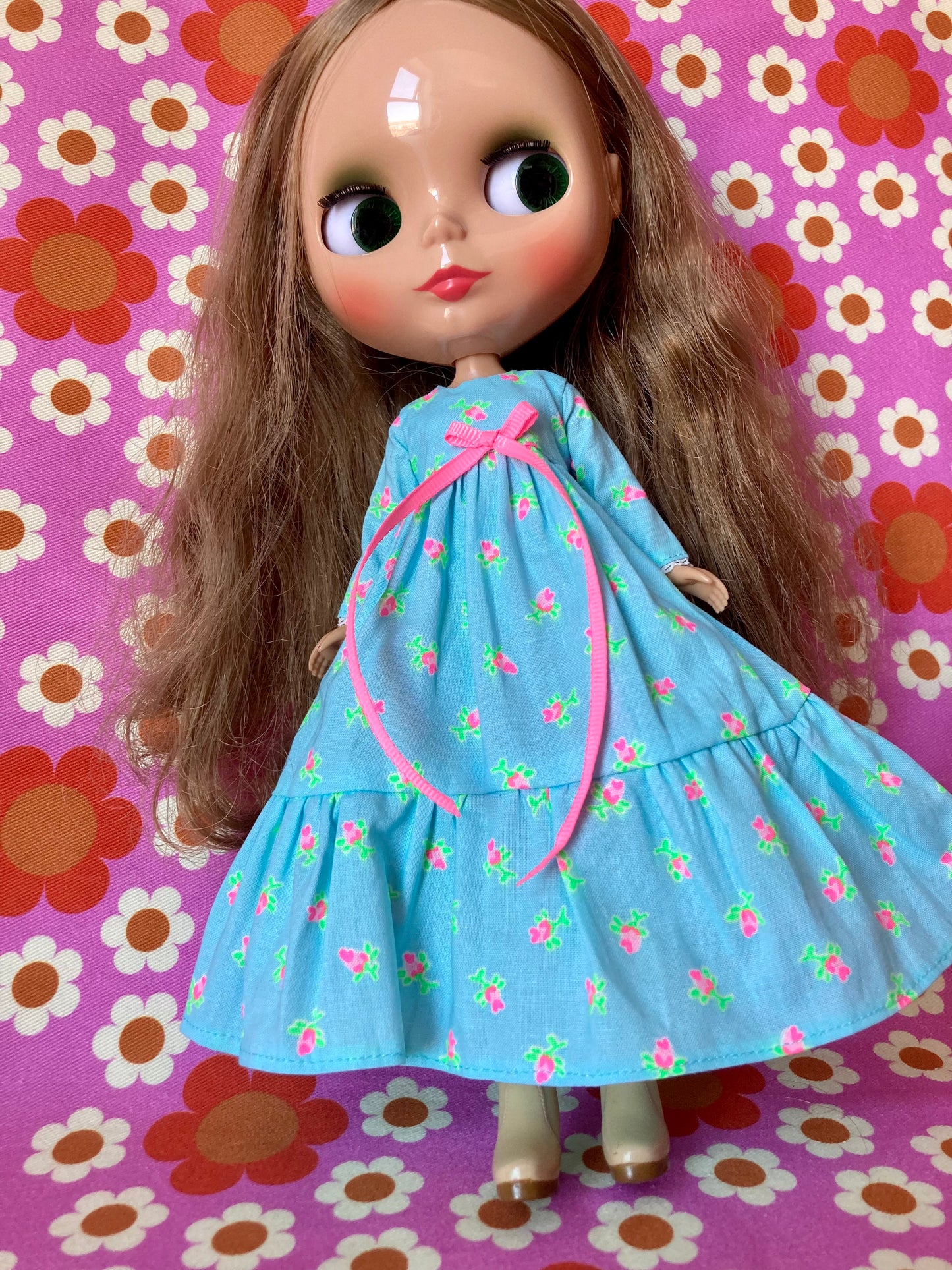Blue Long Neon Rosebud Print Dress for Blythe Doll