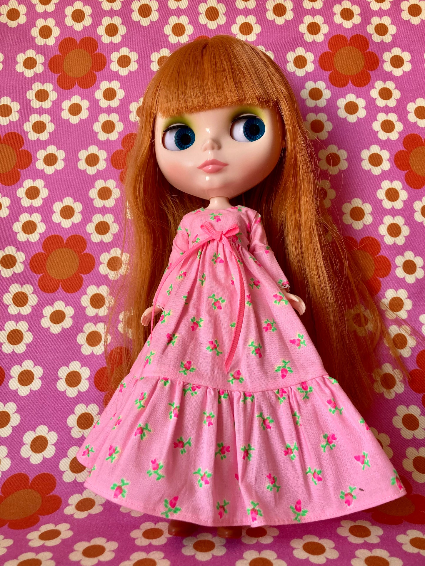 Pink Long Neon Rosebud Print Dress for Blythe Doll