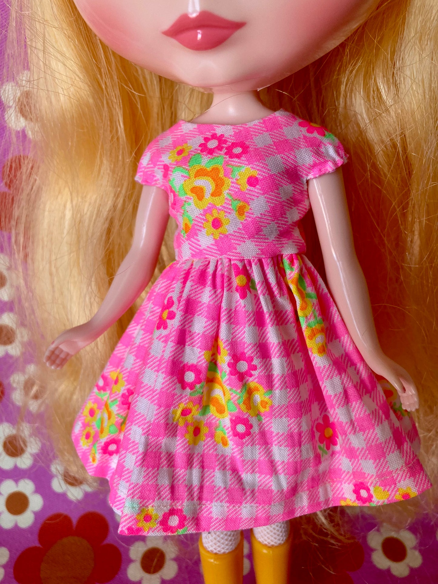Pink Gingham Cap Sleeve Dress for Blythe Doll