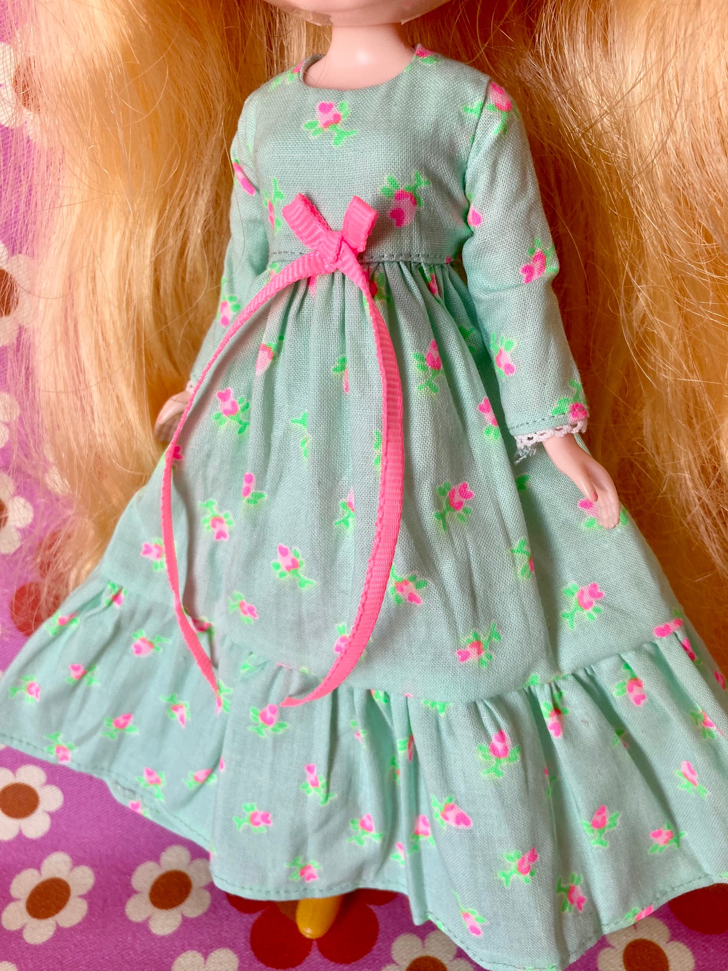 Mint Long Neon Rosebud Print Dress for Blythe Doll