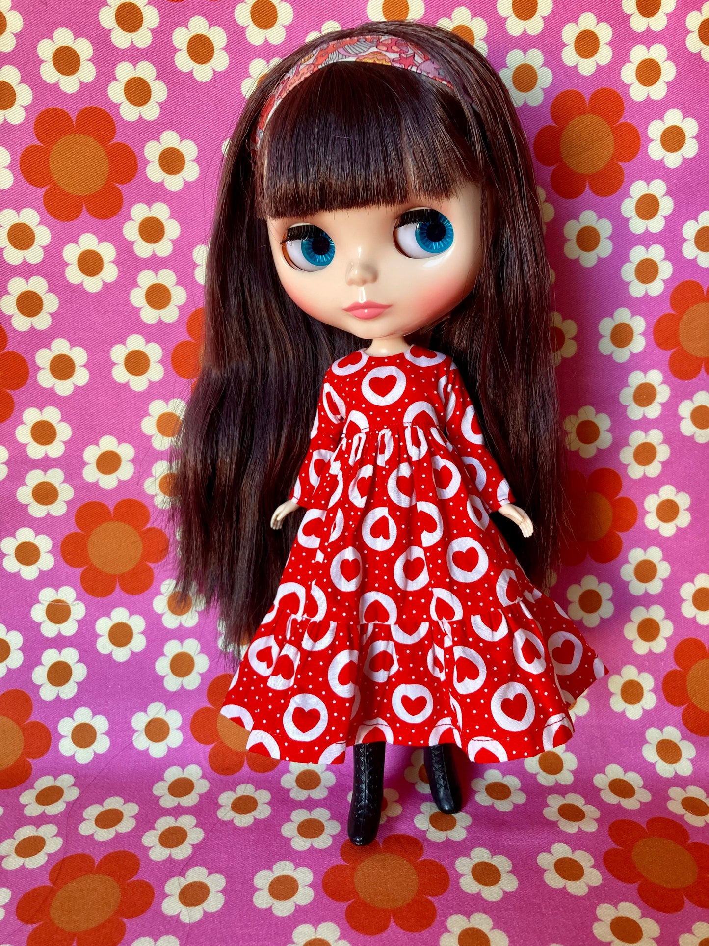 Long Red Heart Print Dress for Blythe Doll
