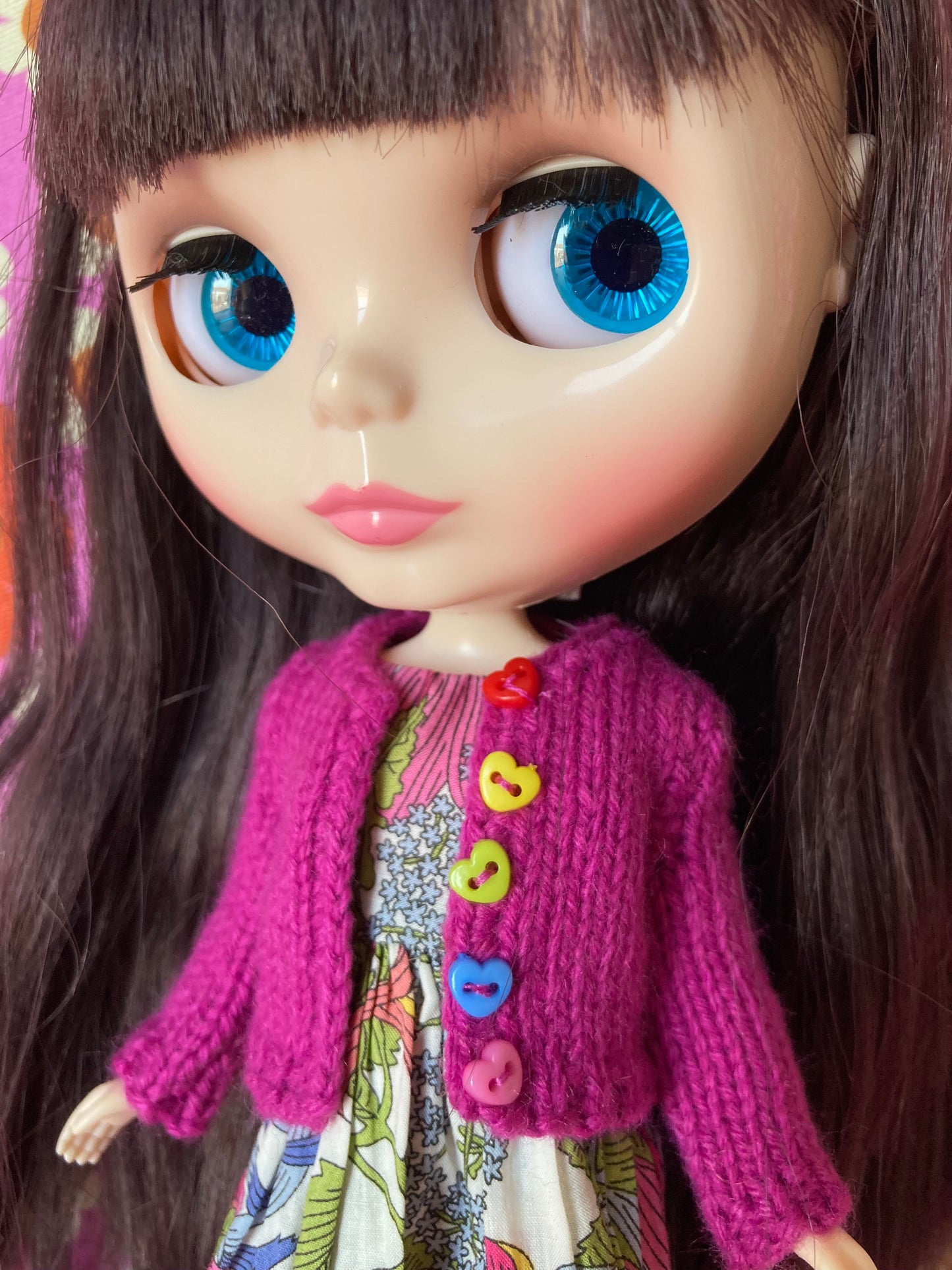 Knitted Cardigan with Rainbow Buttons for Blythe Doll.