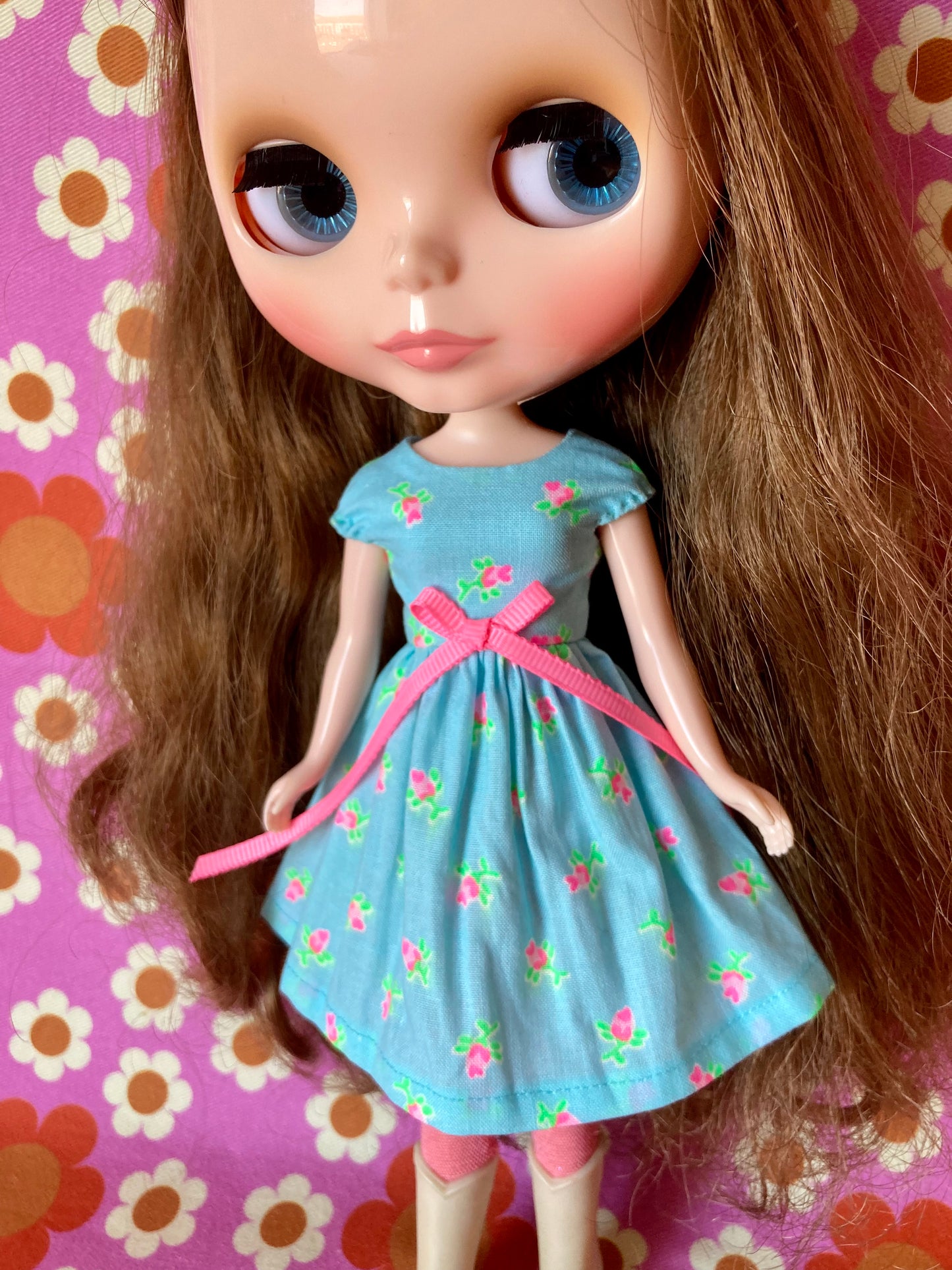 Blue Rosebud Cap Sleeve Dress for Blythe Doll