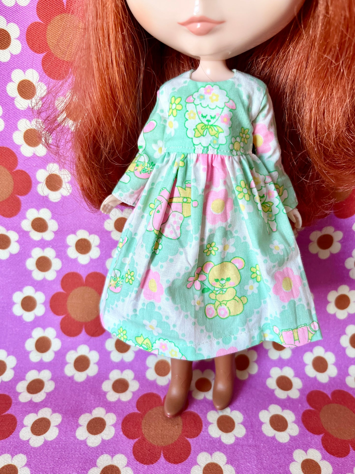 Easter Green Antique Pink Cute Lamb Chick Family Dress for Blythe Doll