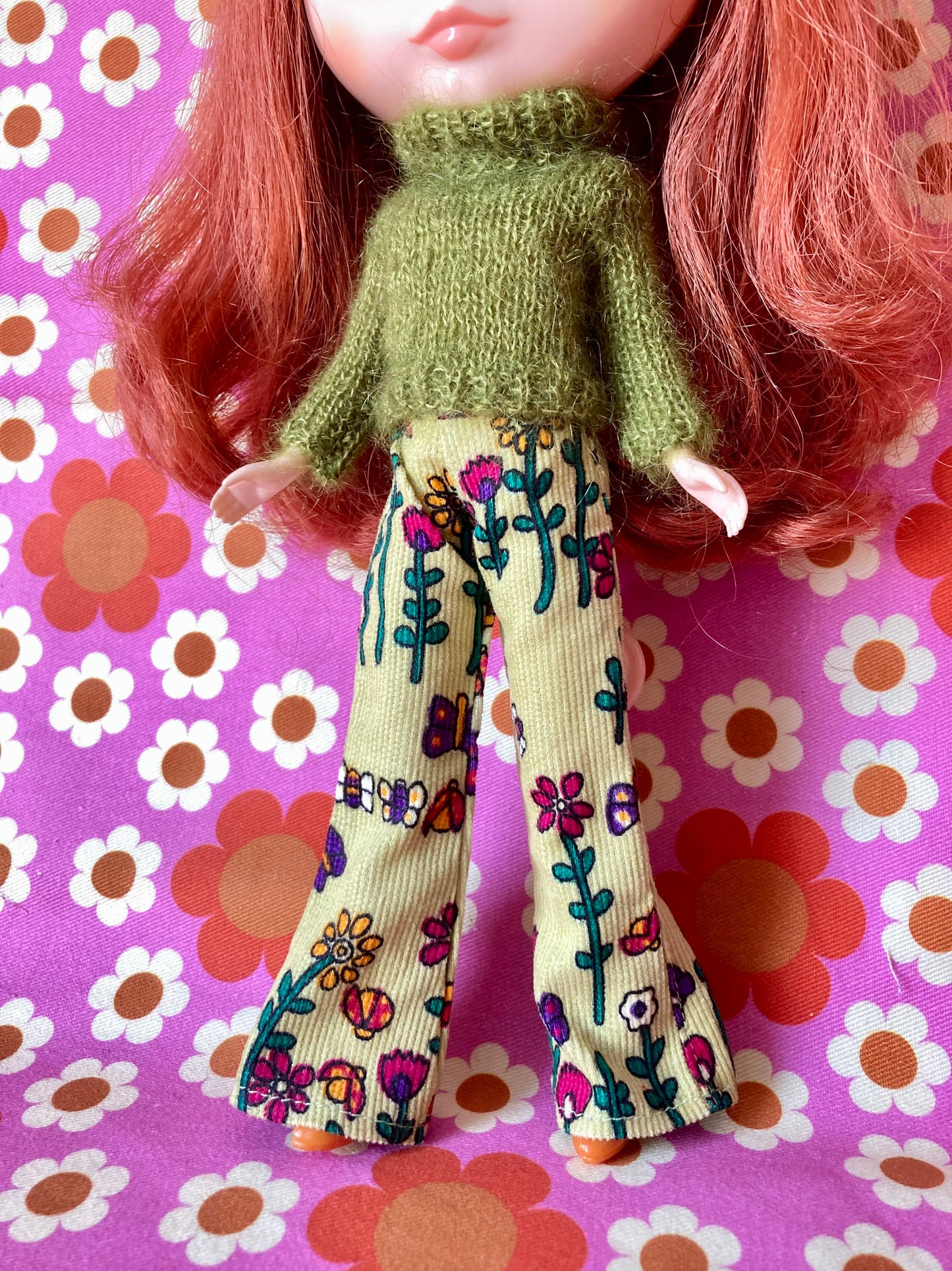 Retro print Corduroy Flared Trousers & Mohair Sweater Set for Blythe Doll