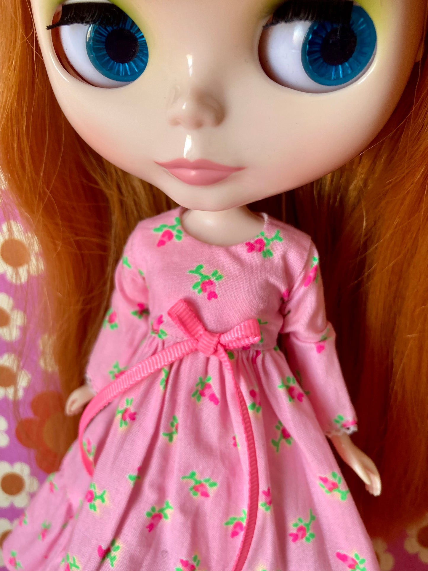 Pink Long Neon Rosebud Print Dress for Blythe Doll