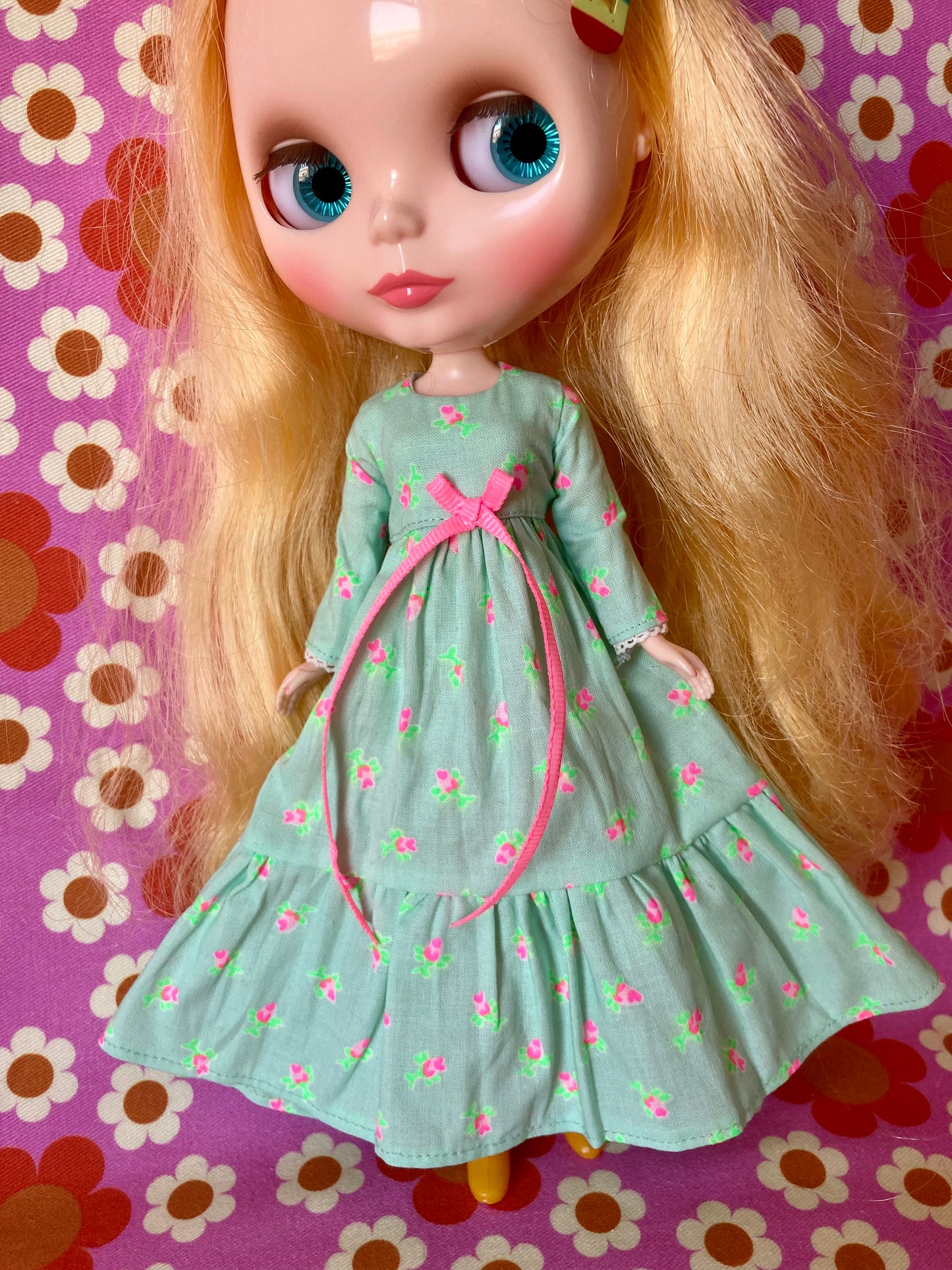 Mint Long Neon Rosebud Print Dress for Blythe Doll