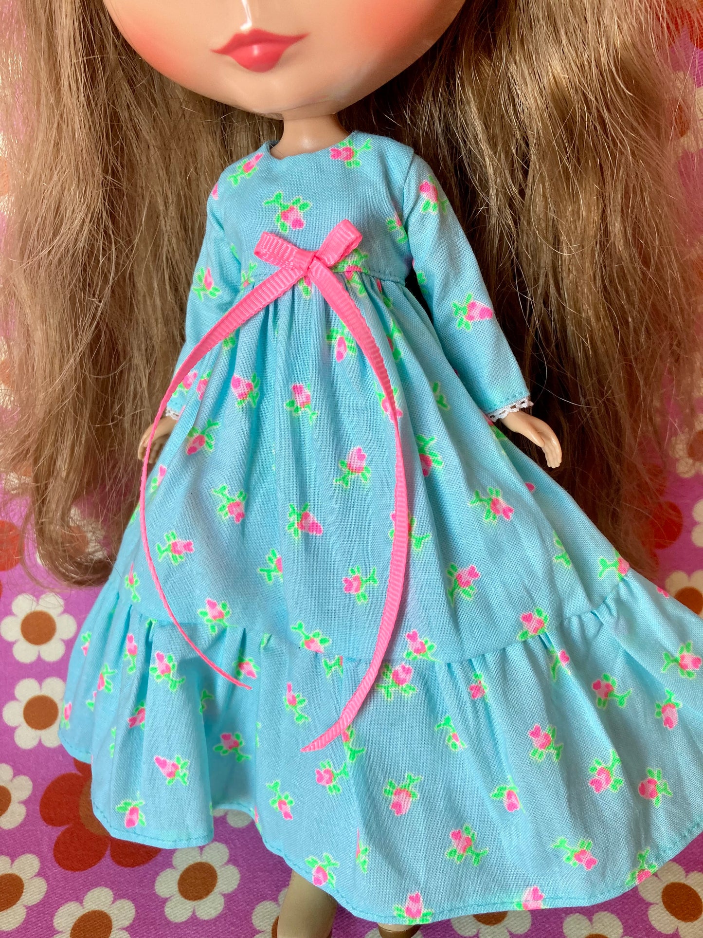 Blue Long Neon Rosebud Print Dress for Blythe Doll