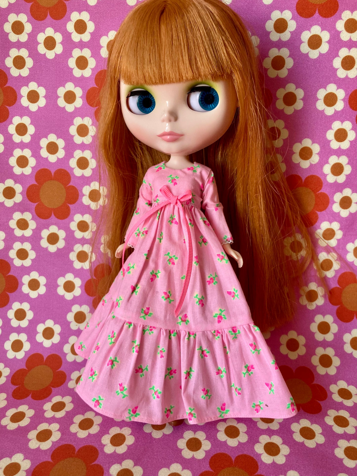 Pink Long Neon Rosebud Print Dress for Blythe Doll