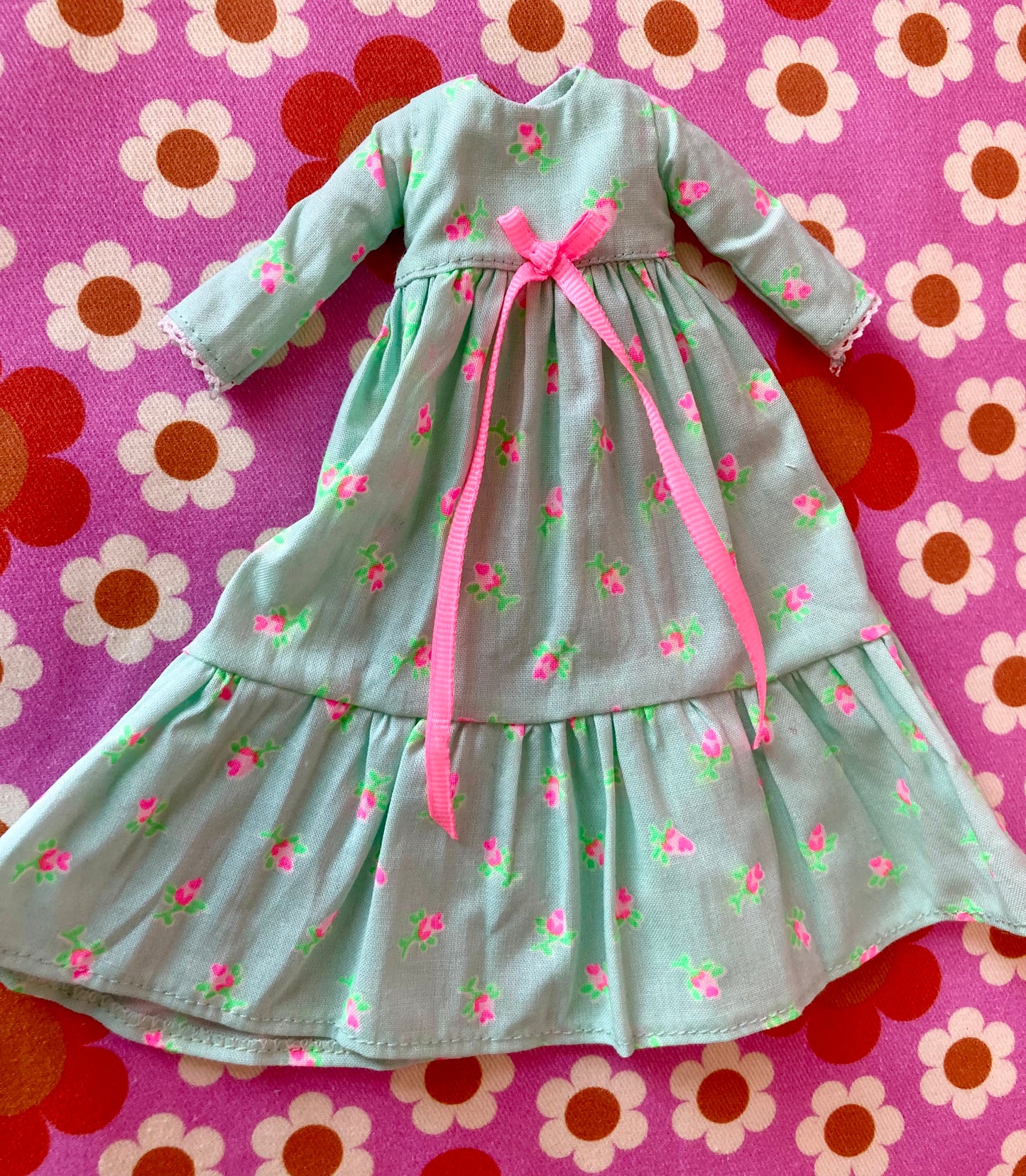 Mint Long Neon Rosebud Print Dress for Blythe Doll