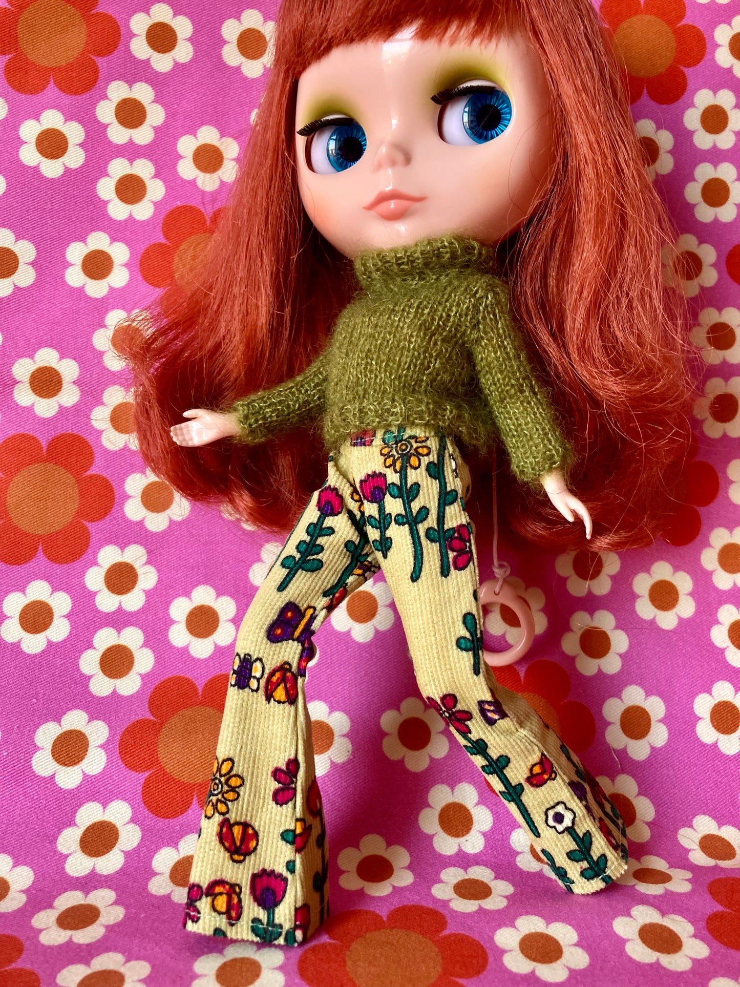 Retro print Corduroy Flared Trousers & Mohair Sweater Set for Blythe Doll