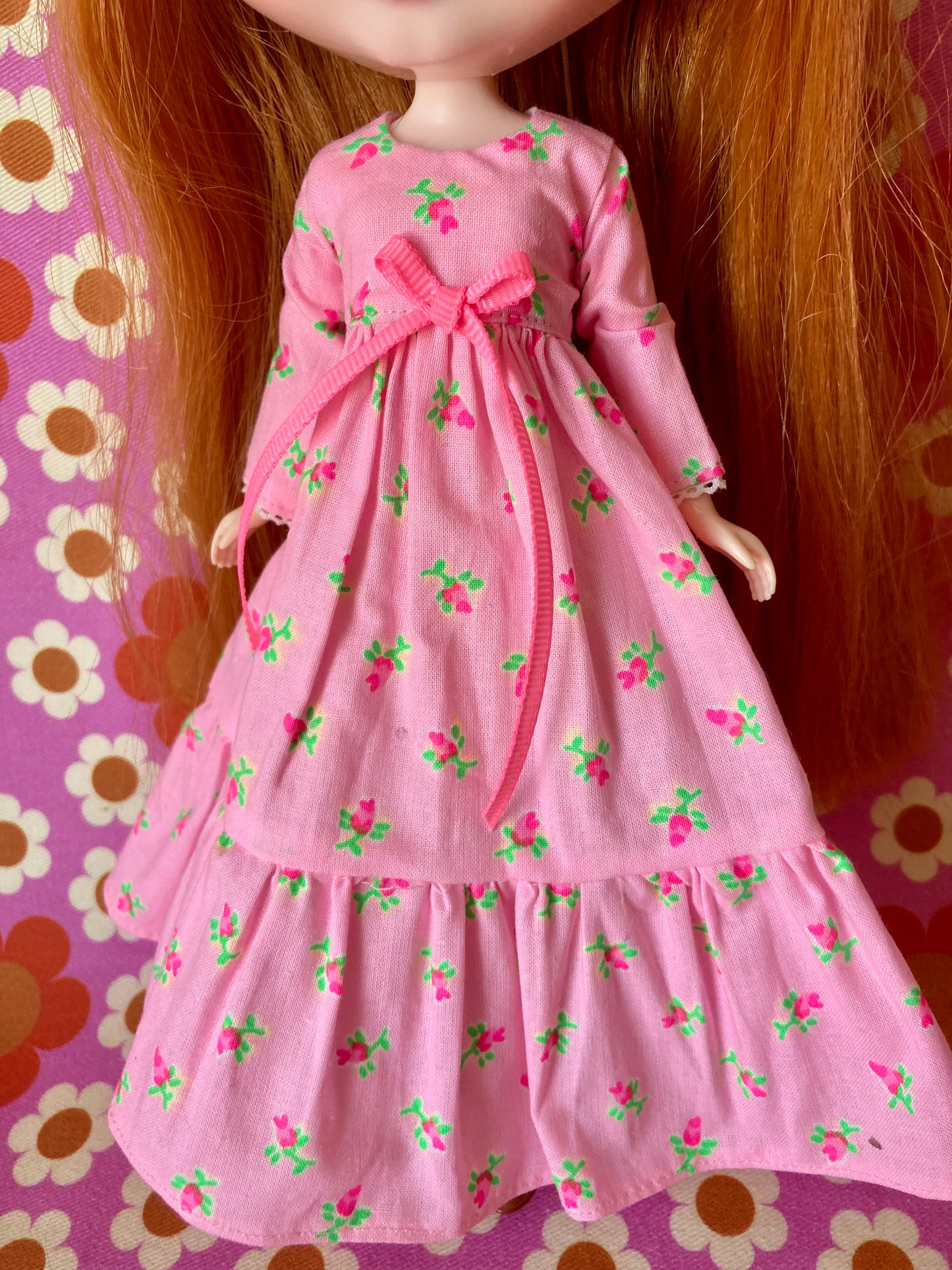Pink Long Neon Rosebud Print Dress for Blythe Doll