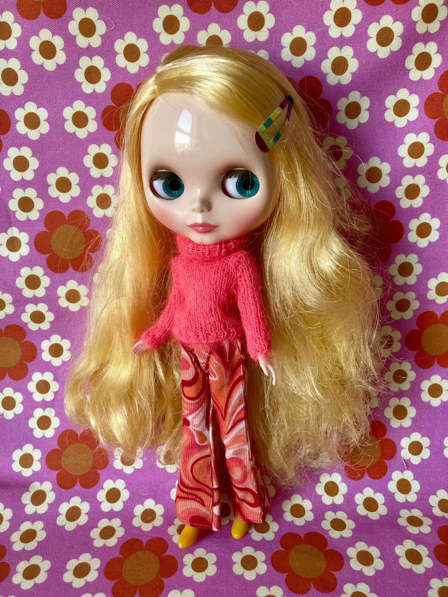 Retro print Corduroy Flared Trousers & Mohair Sweater Set for Blythe Doll