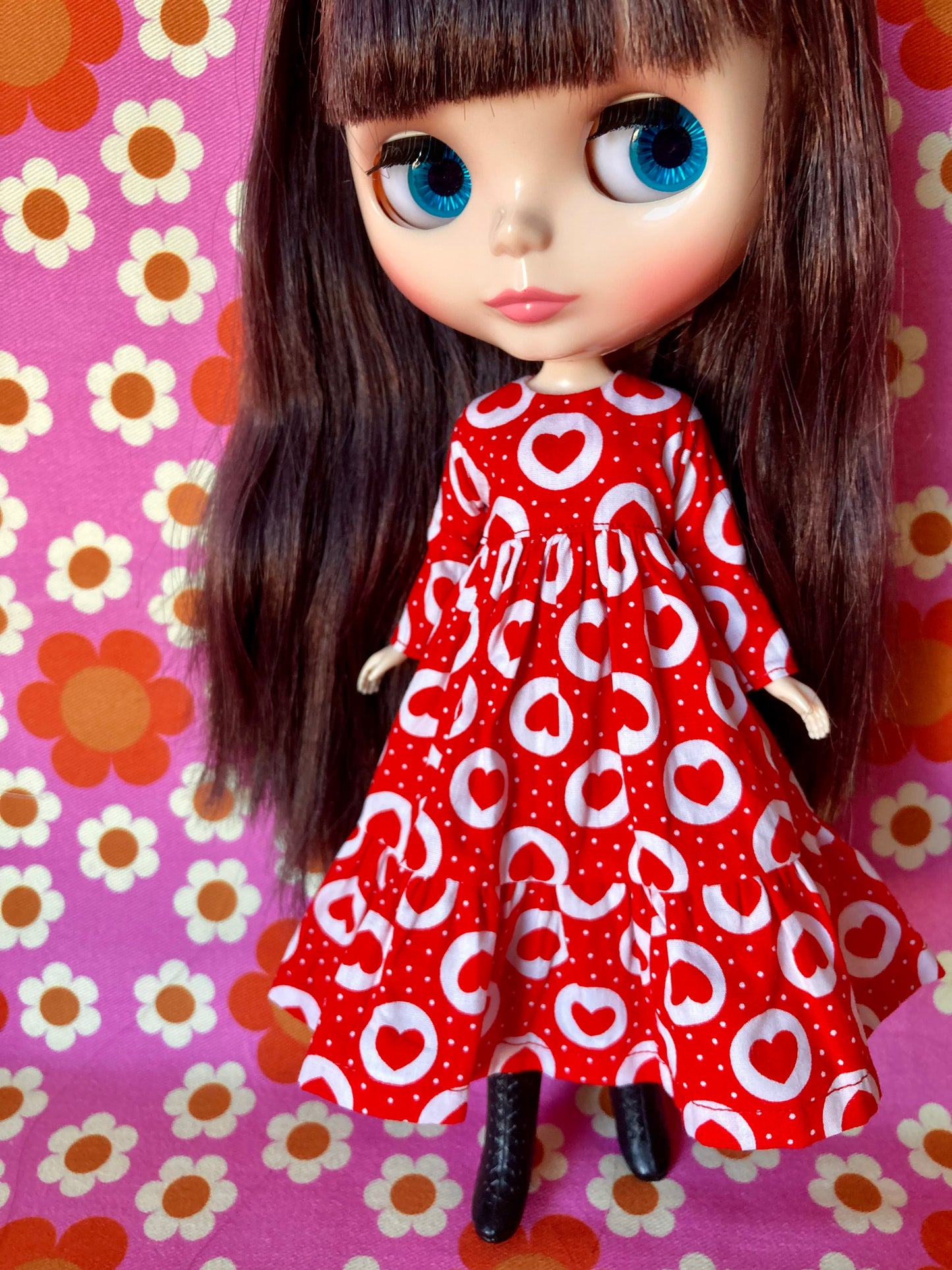 Long Red Heart Print Dress for Blythe Doll