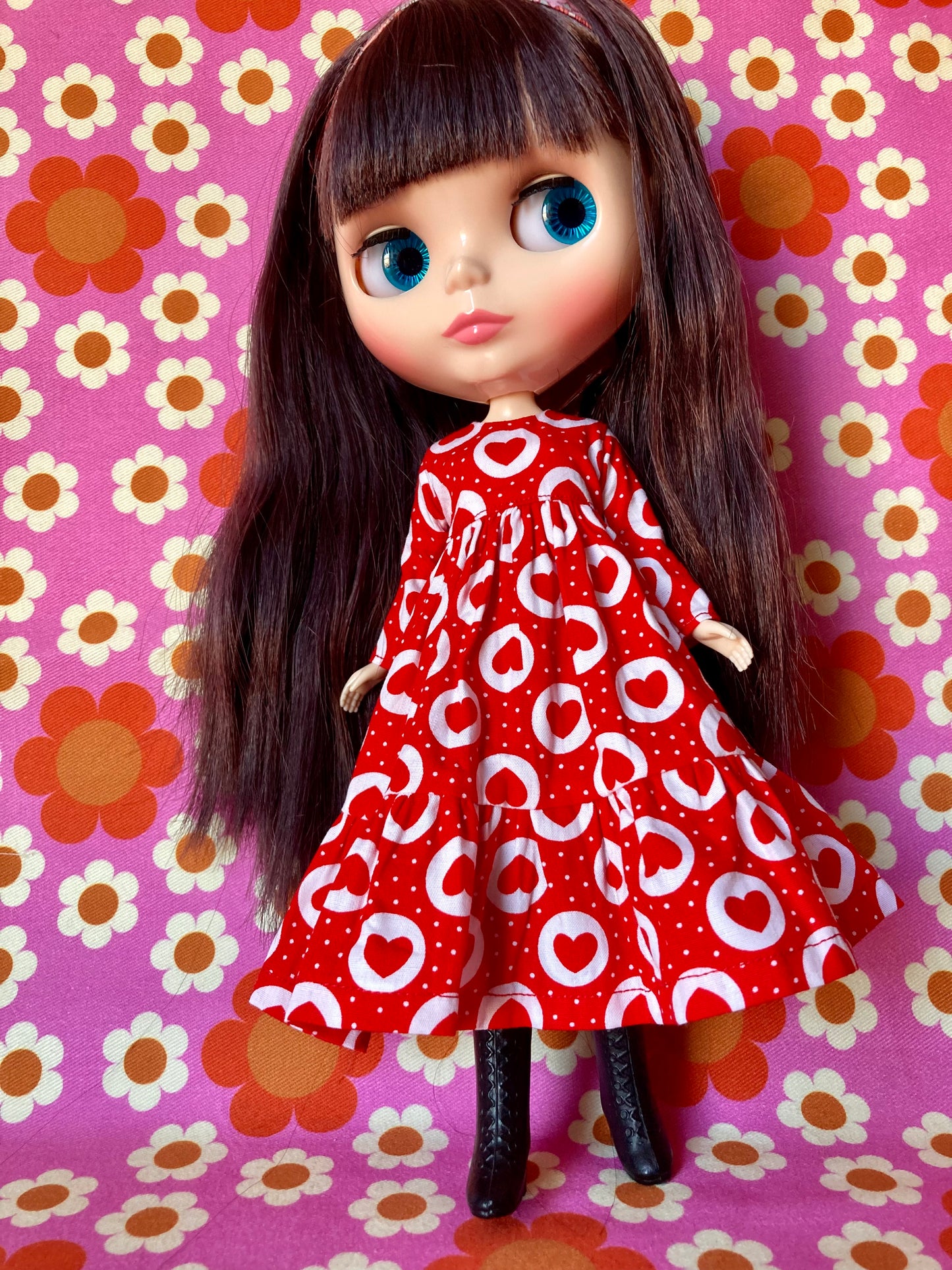 Long Red Heart Print Dress for Blythe Doll