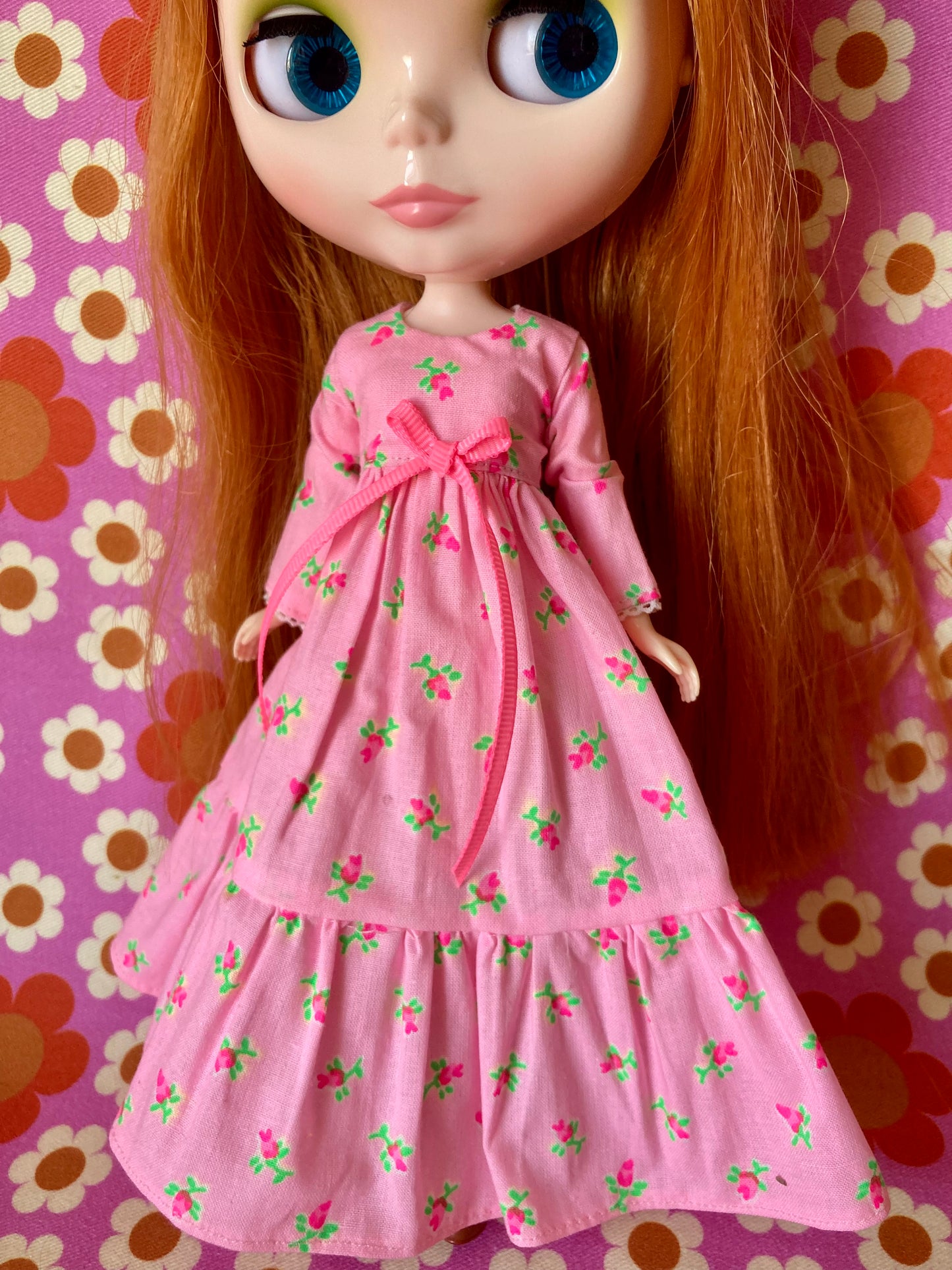 Pink Long Neon Rosebud Print Dress for Blythe Doll