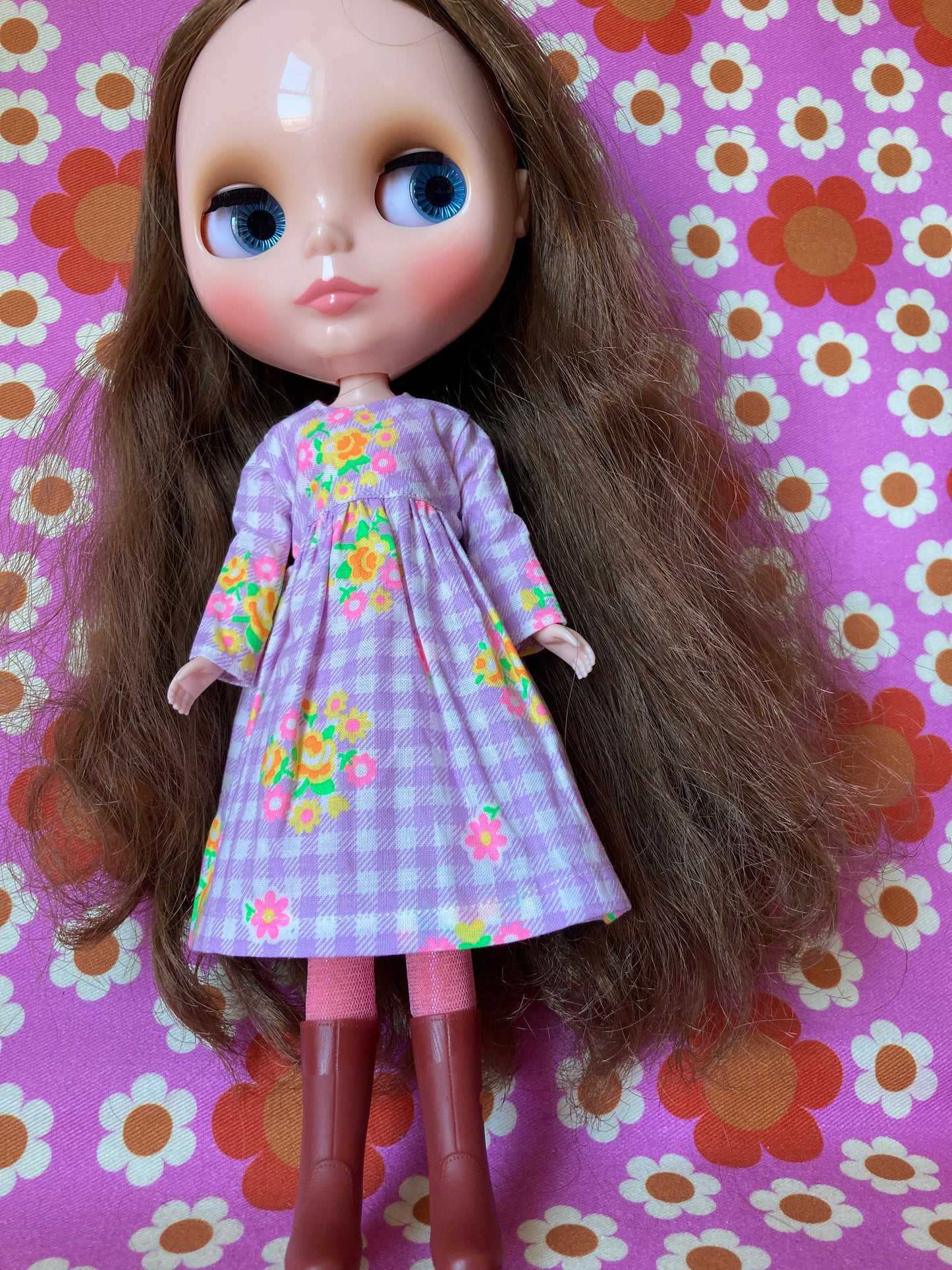 Purple Gingham Long Sleeve Dress for Blythe Doll