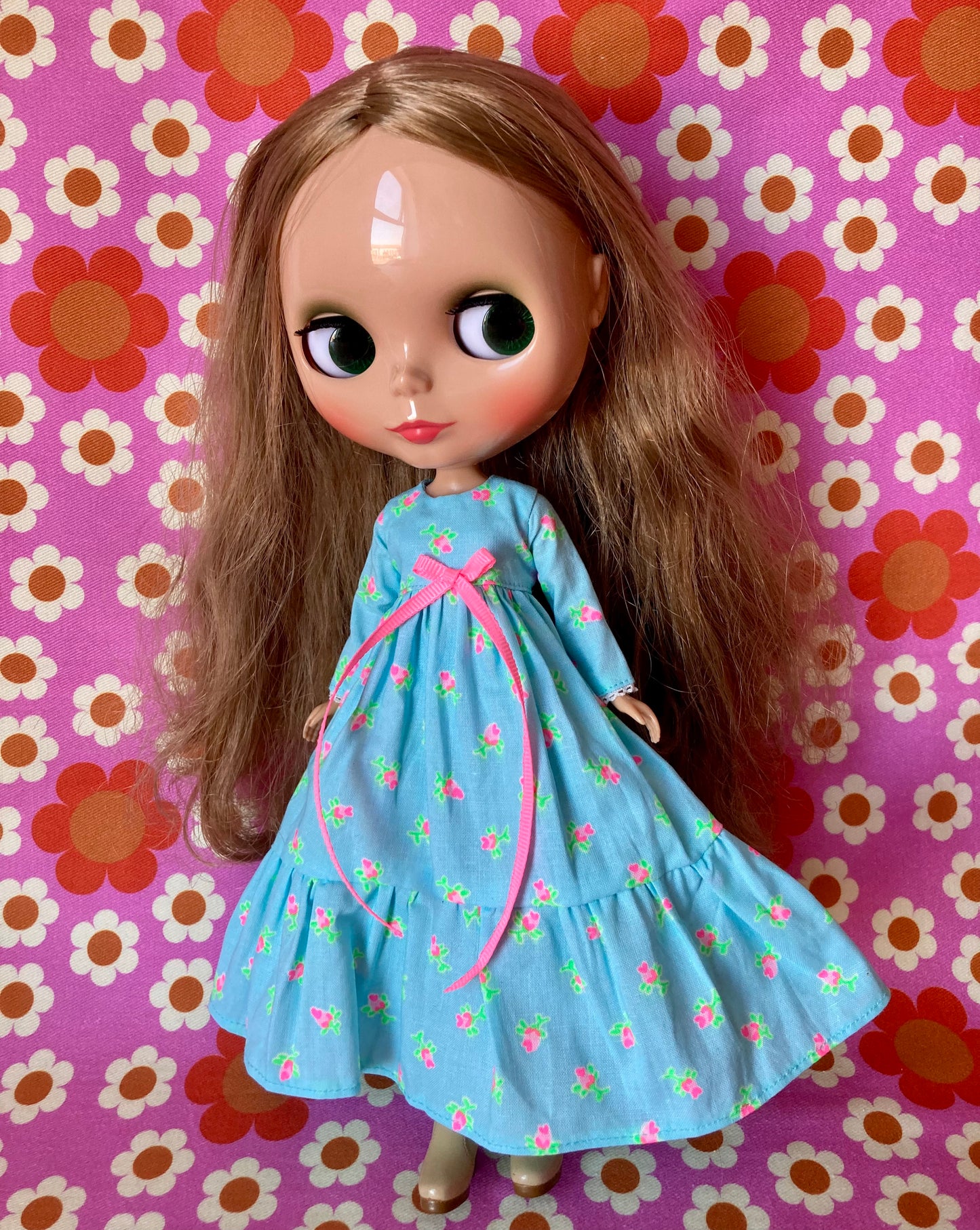 Blue Long Neon Rosebud Print Dress for Blythe Doll