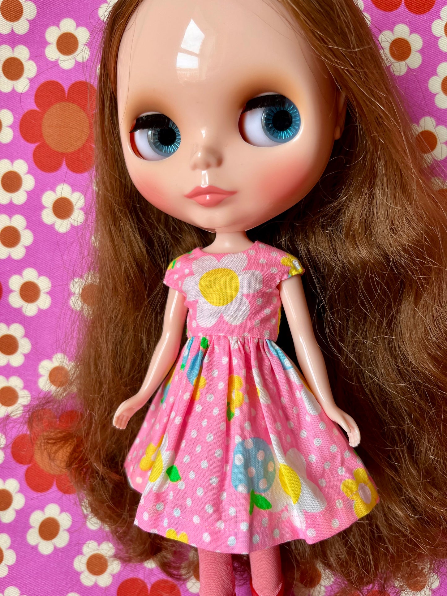 Pink Neon Daisy Cap Sleeve Dress for Blythe Doll