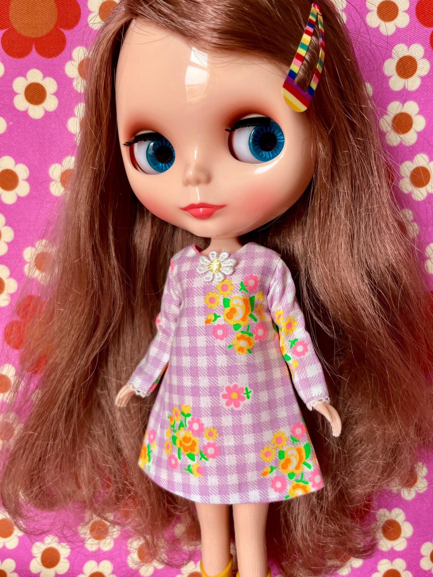 Lilac Neon Gingham Mod Shift dress with sleeves