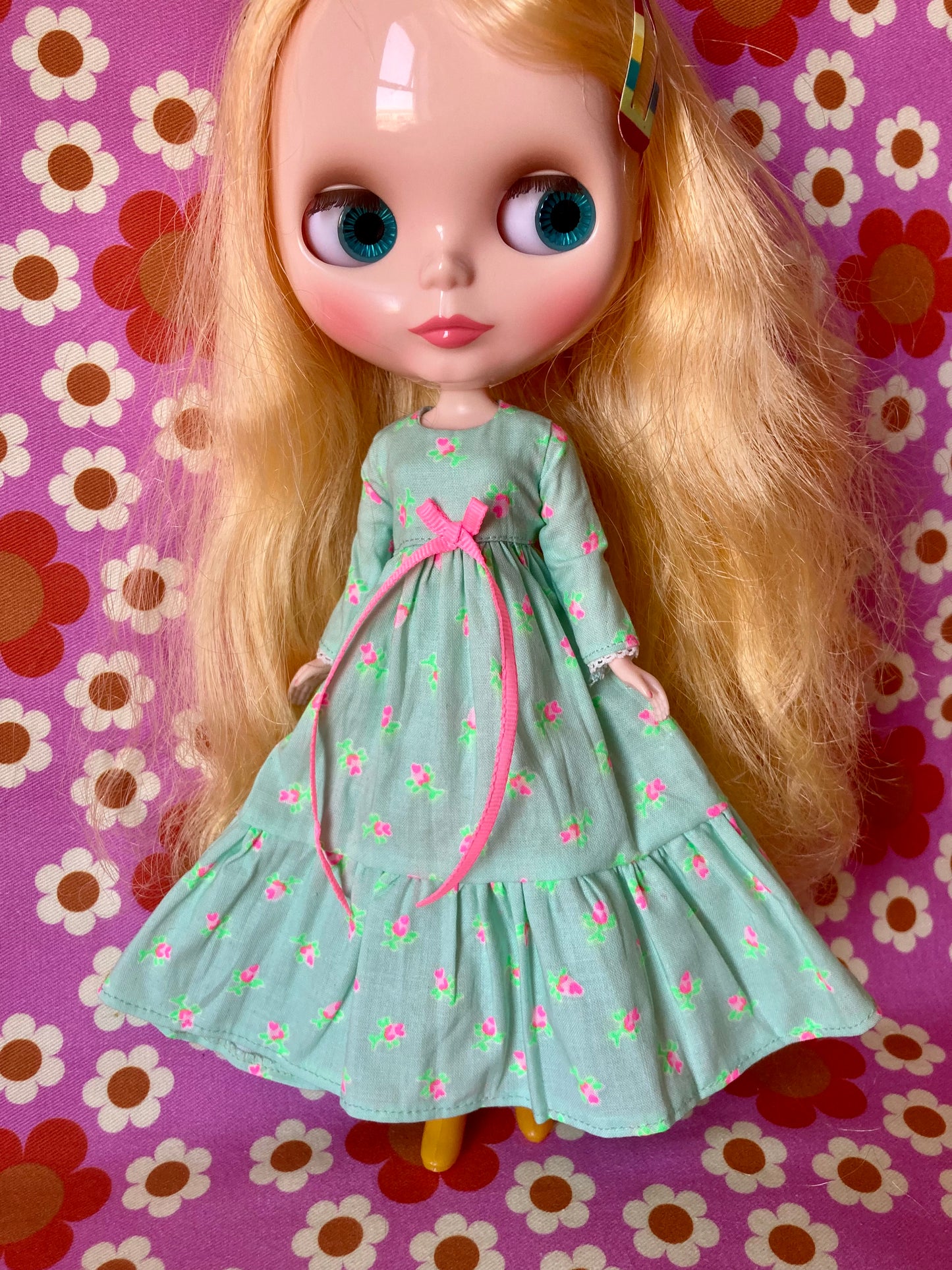 Mint Long Neon Rosebud Print Dress for Blythe Doll