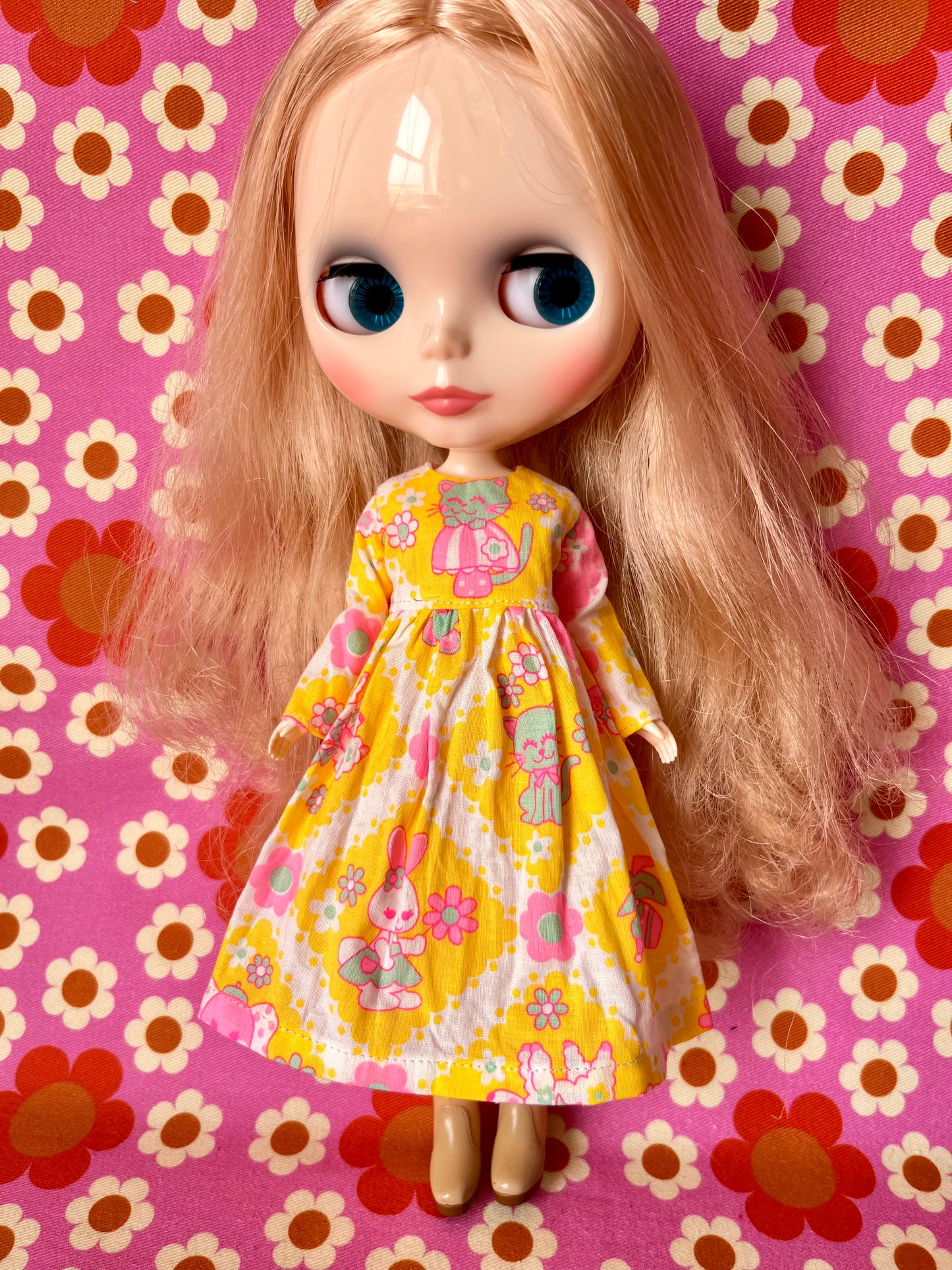 Yellow Neon Cat Long Sleeve Dress for Blythe Doll