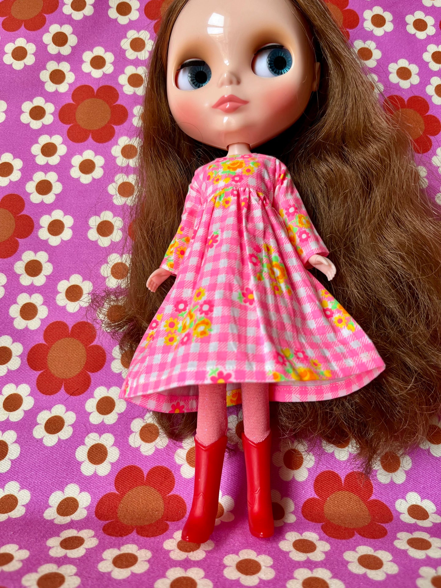 Pink Gingham Long Sleeve Dress for Blythe Doll