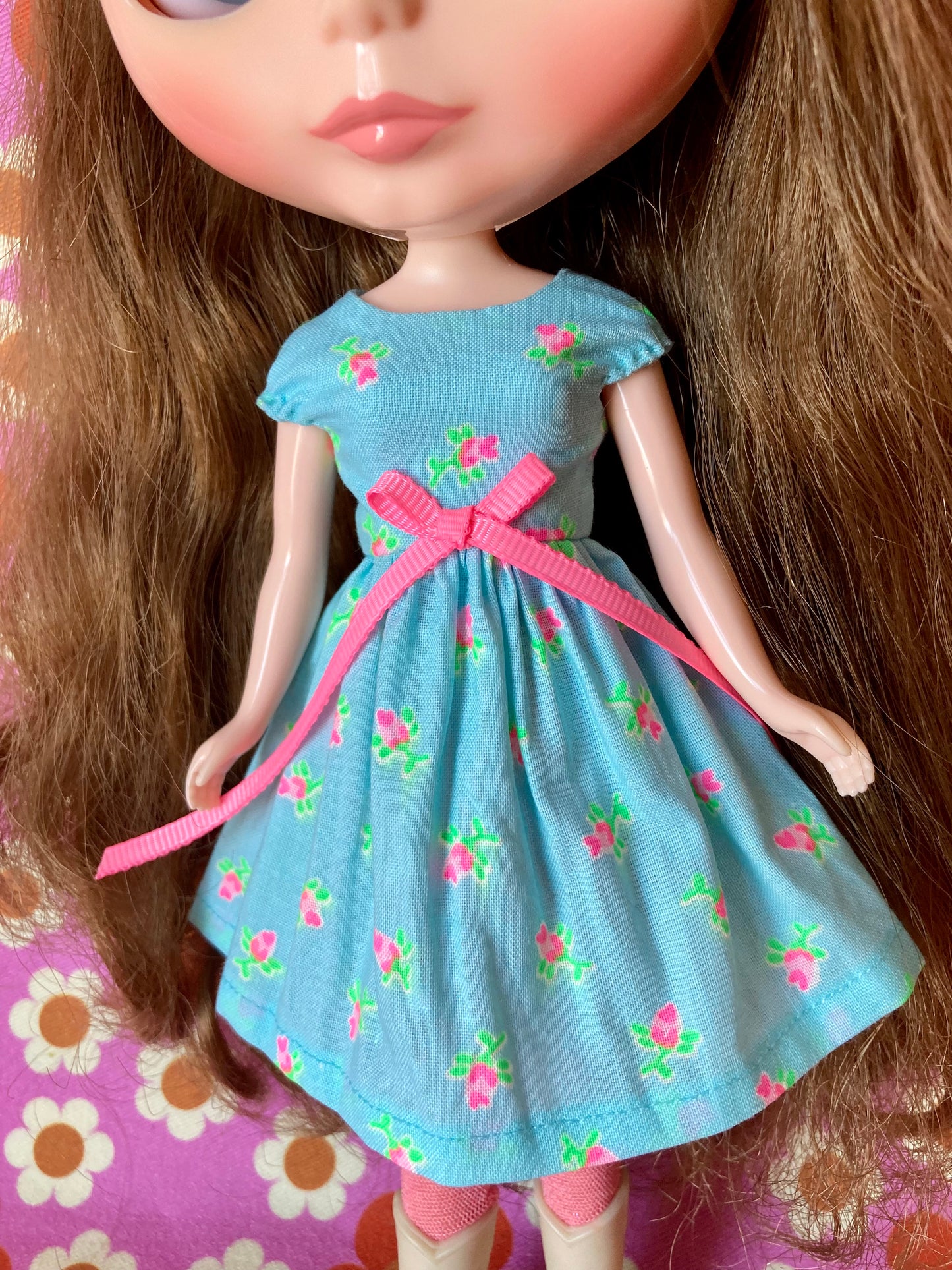 Blue Rosebud Cap Sleeve Dress for Blythe Doll