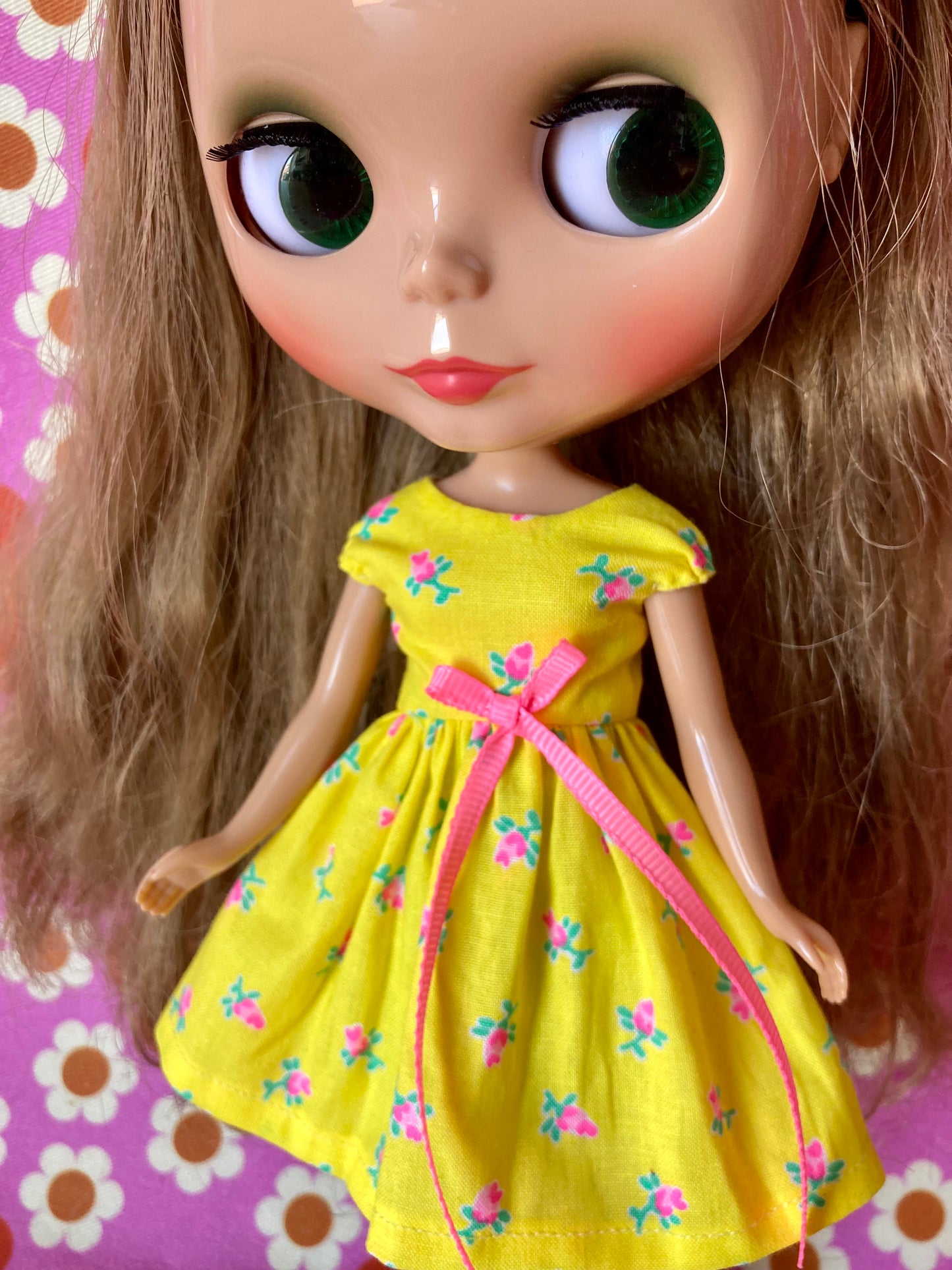 Yellow Rosebud Cap Sleeve Dress for Blythe Doll