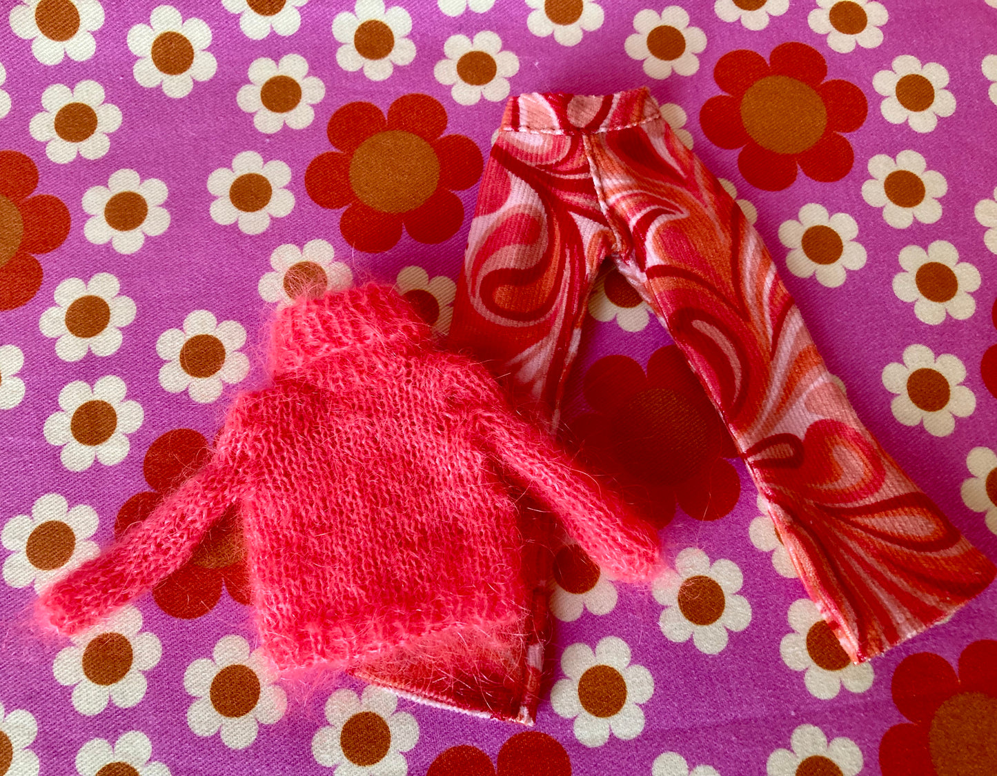 Retro print Corduroy Flared Trousers & Mohair Sweater Set for Blythe Doll