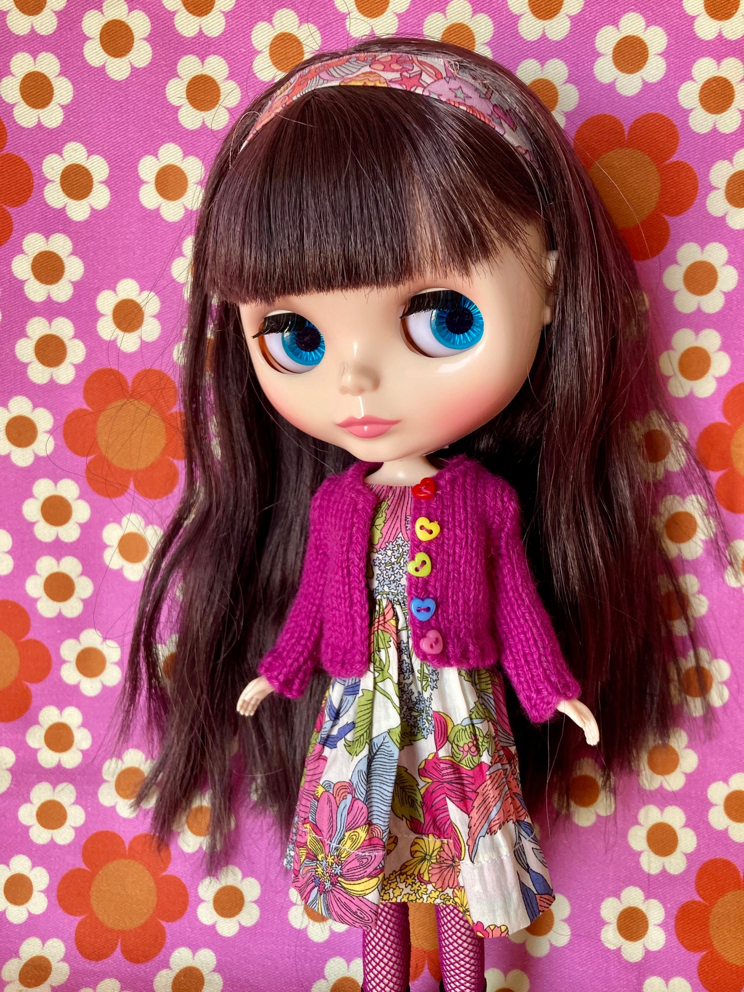 Knitted Cardigan with Rainbow Buttons for Blythe Doll.