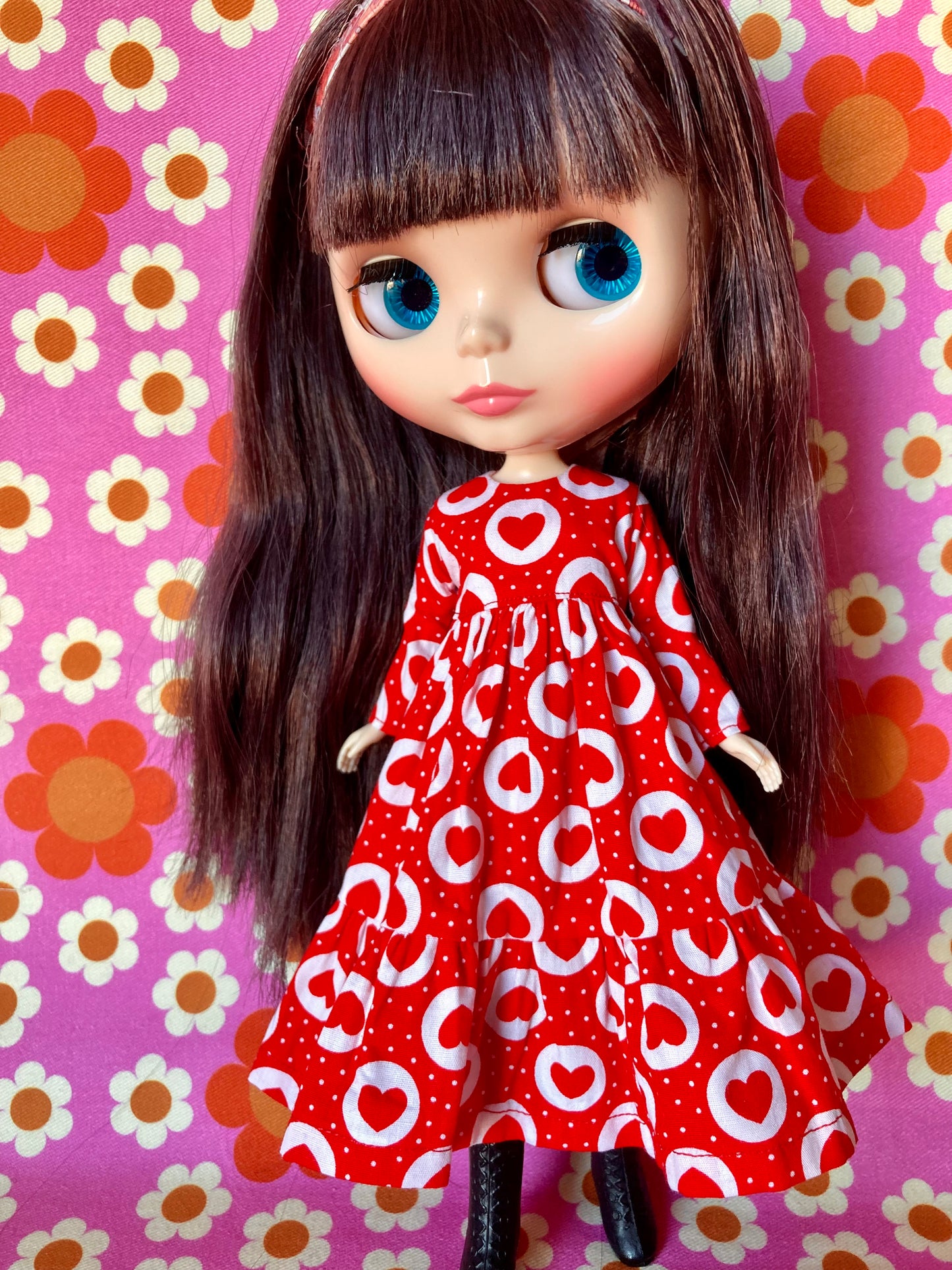 Long Red Heart Print Dress for Blythe Doll