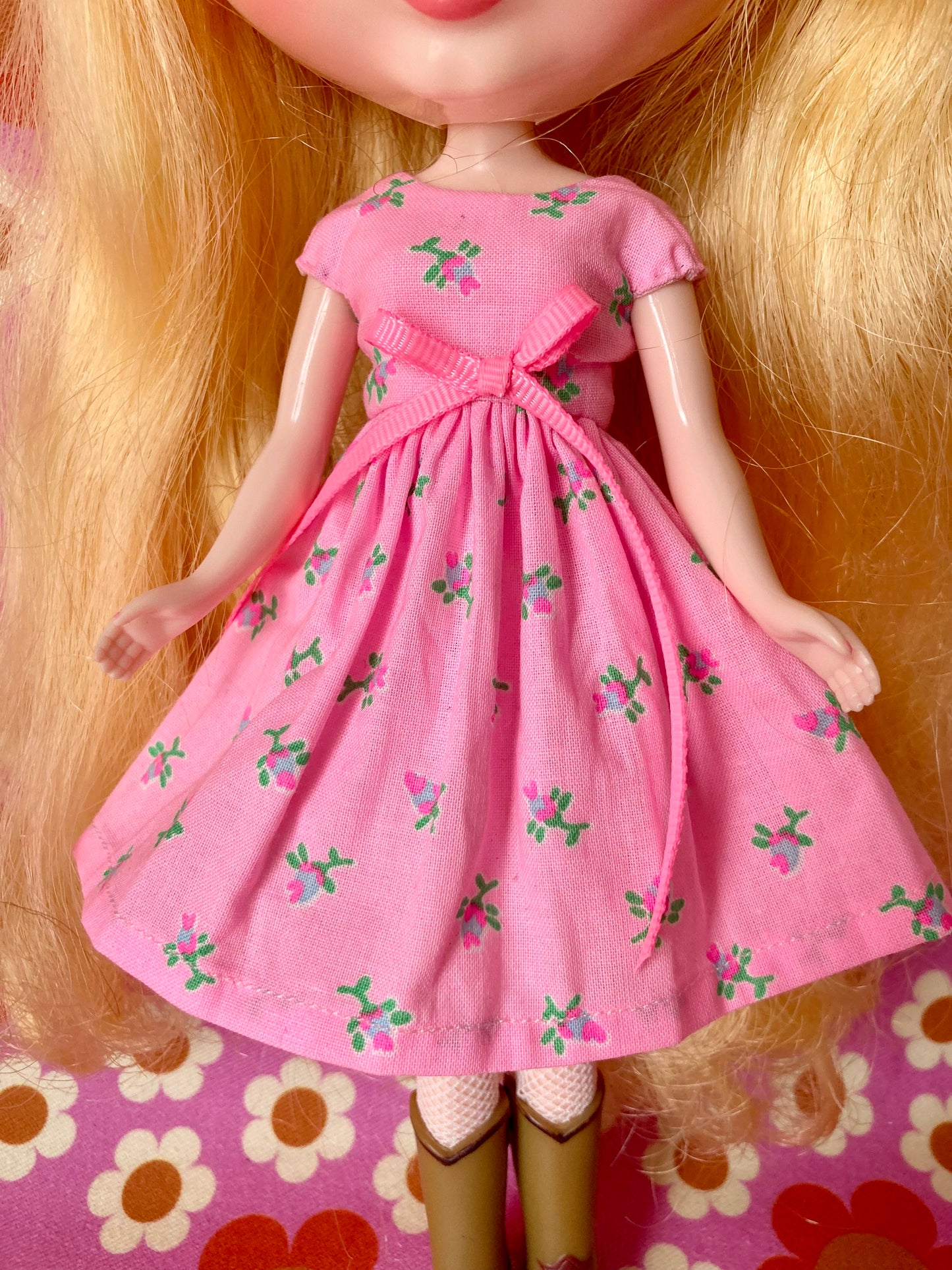 Pink Neon Rosebud Cap Sleeve Dress for Blythe Doll