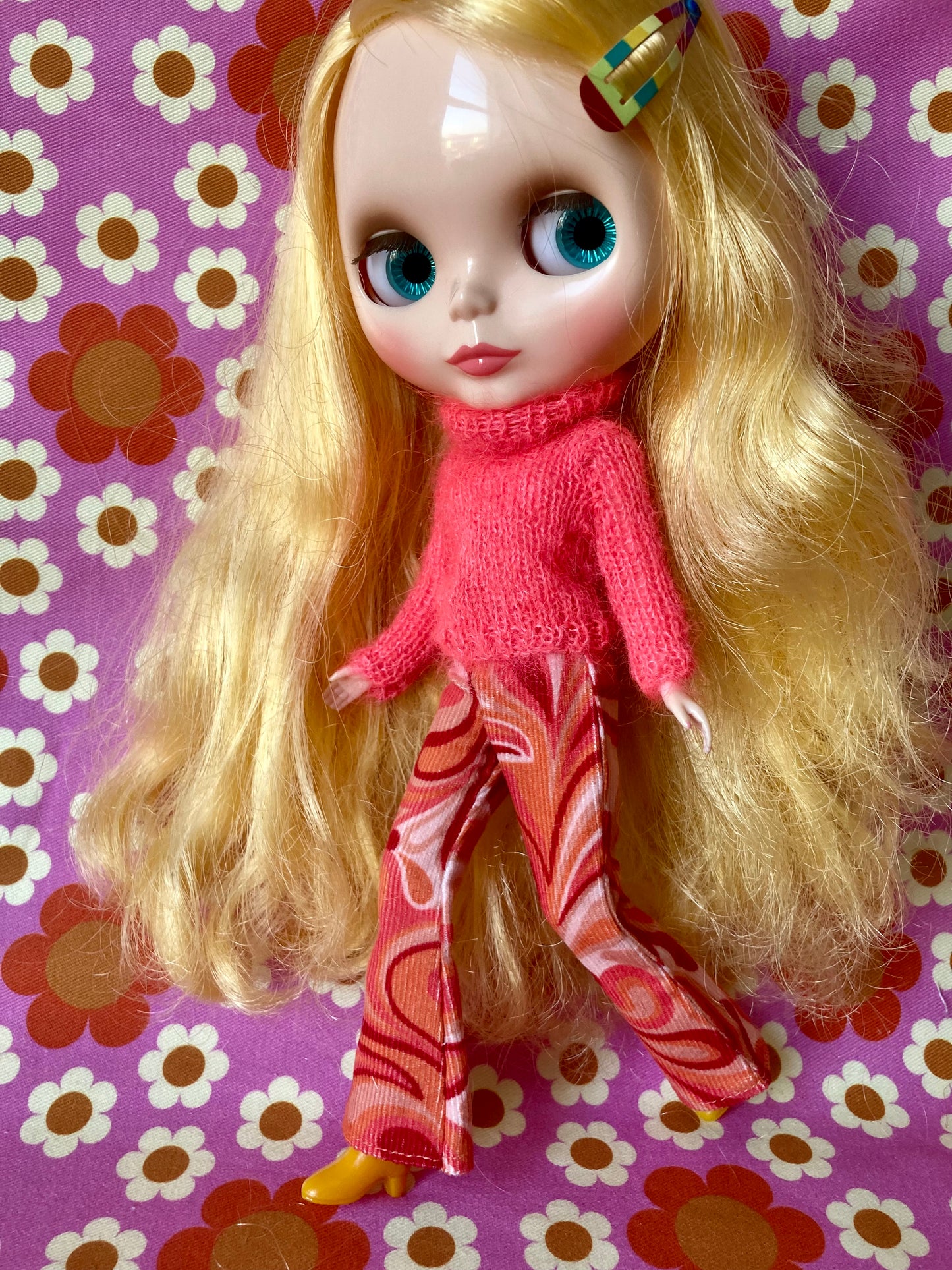 Retro print Corduroy Flared Trousers & Mohair Sweater Set for Blythe Doll