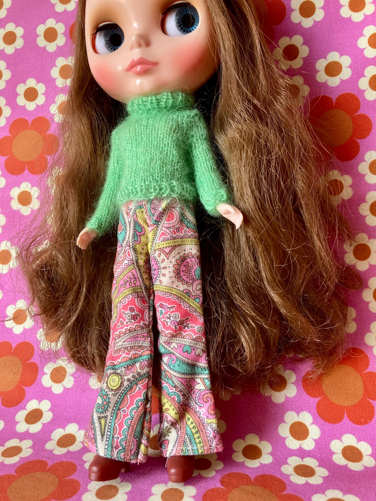 Liberty Corduroy Flared Trousers & Mohair Sweater Set for Blythe Doll