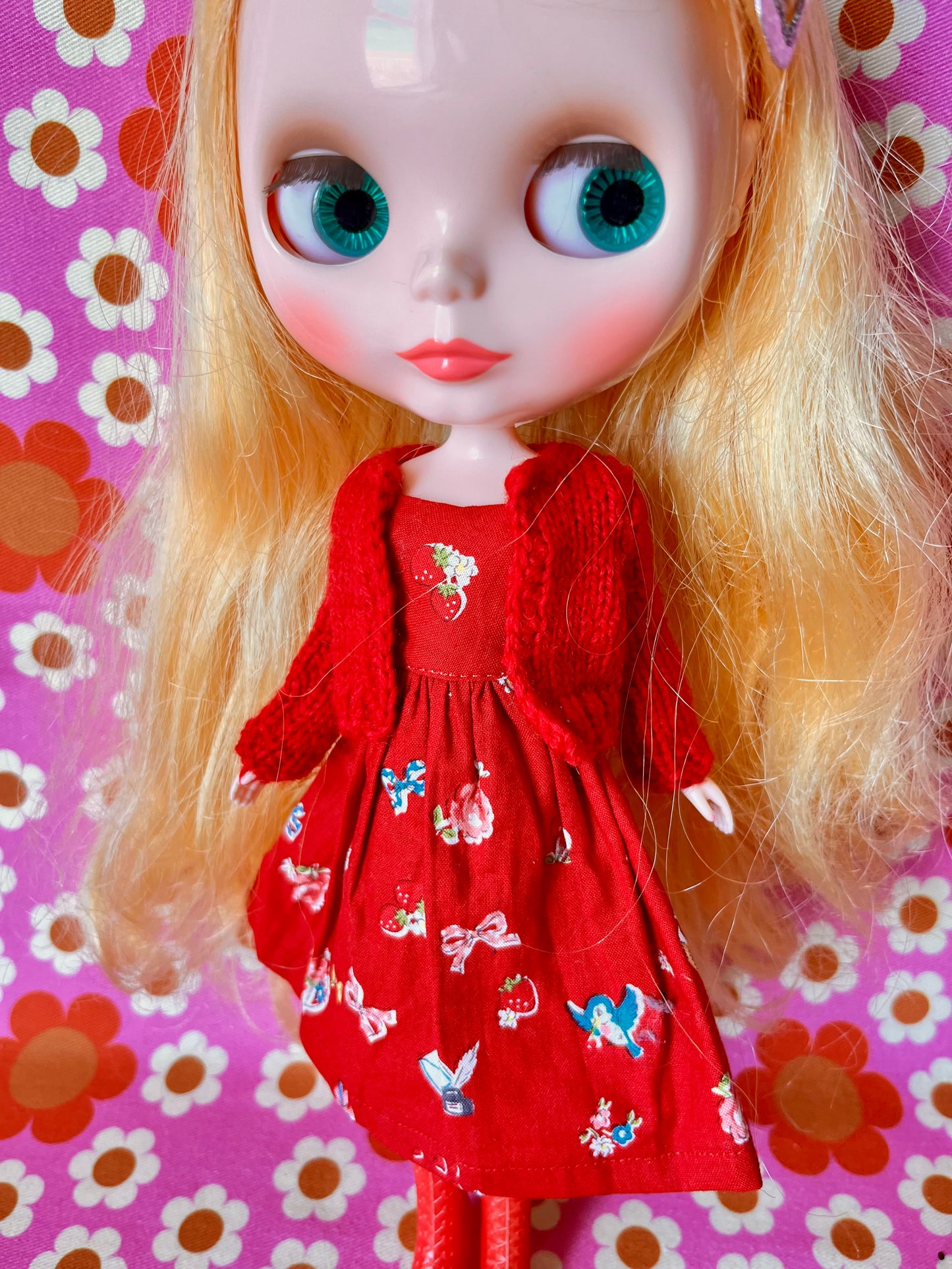 Japanese Print Cap Sleeve Dress & Knitted Cardigan for Blythe Doll